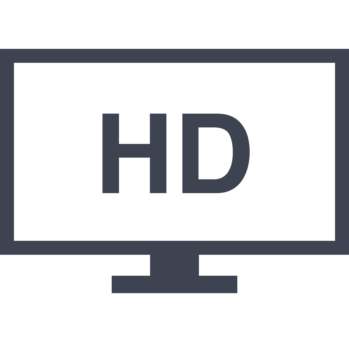 Black television screen displaying the white letters and symbols for 'HD'.