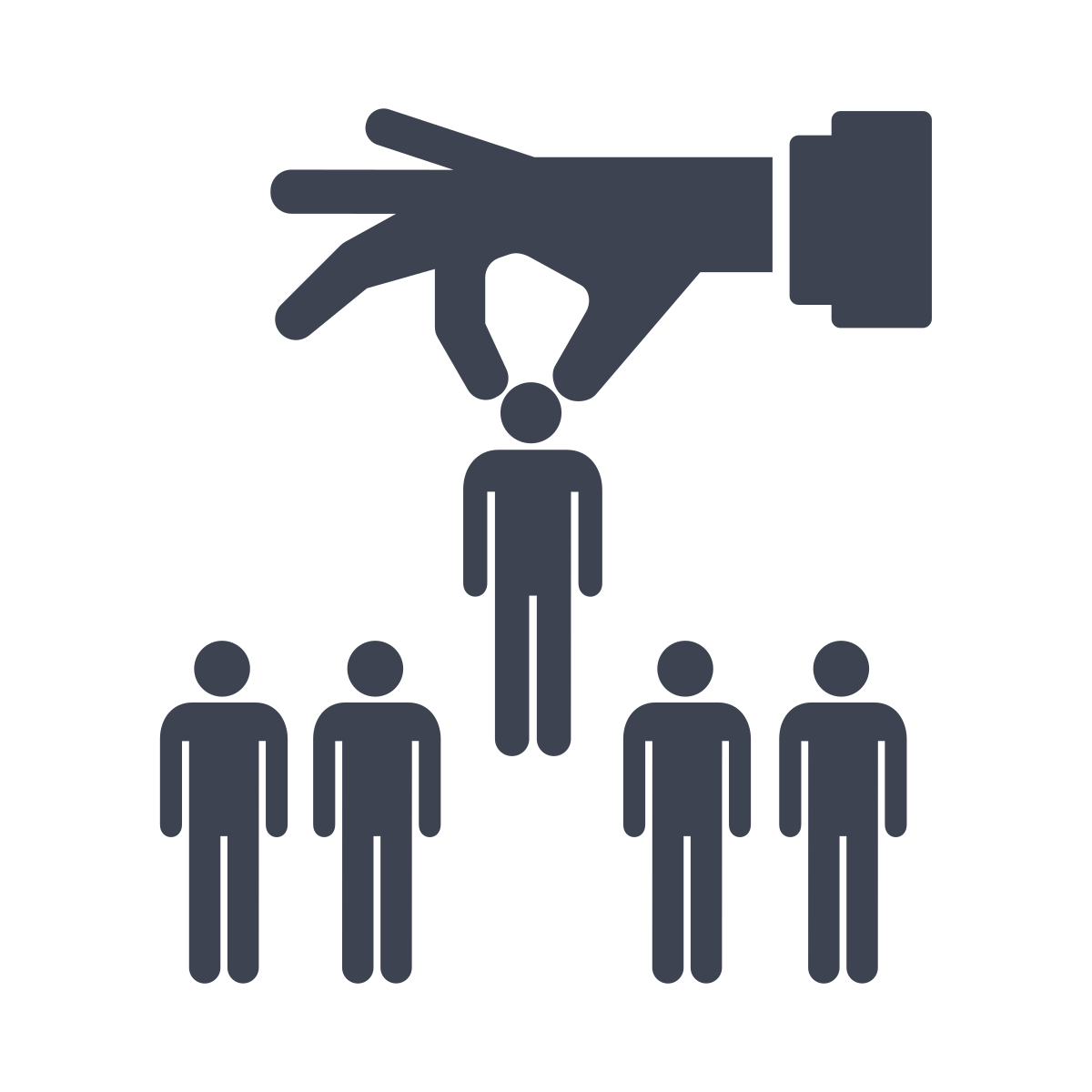 A large hand is hanging above a person, suggesting manipulation or control. The person is surrounded by four other individuals, implying influence over a group.