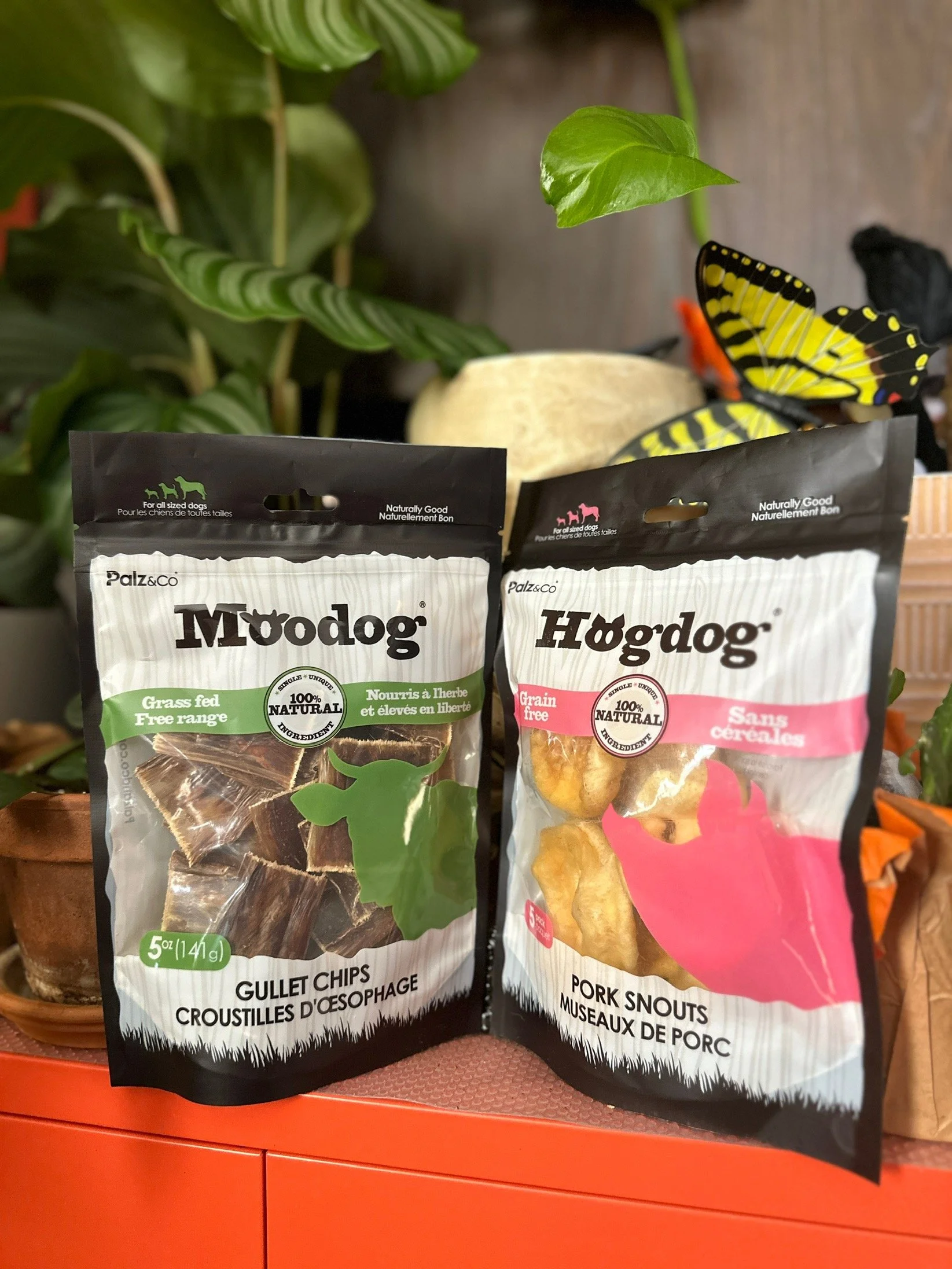 Two bags of dog treats, one labeled 'MooDog Gullet Chips' and the other 'Hogdog Pork Snouts,' are placed on a pink surface with plants and a yellow butterfly in the background.