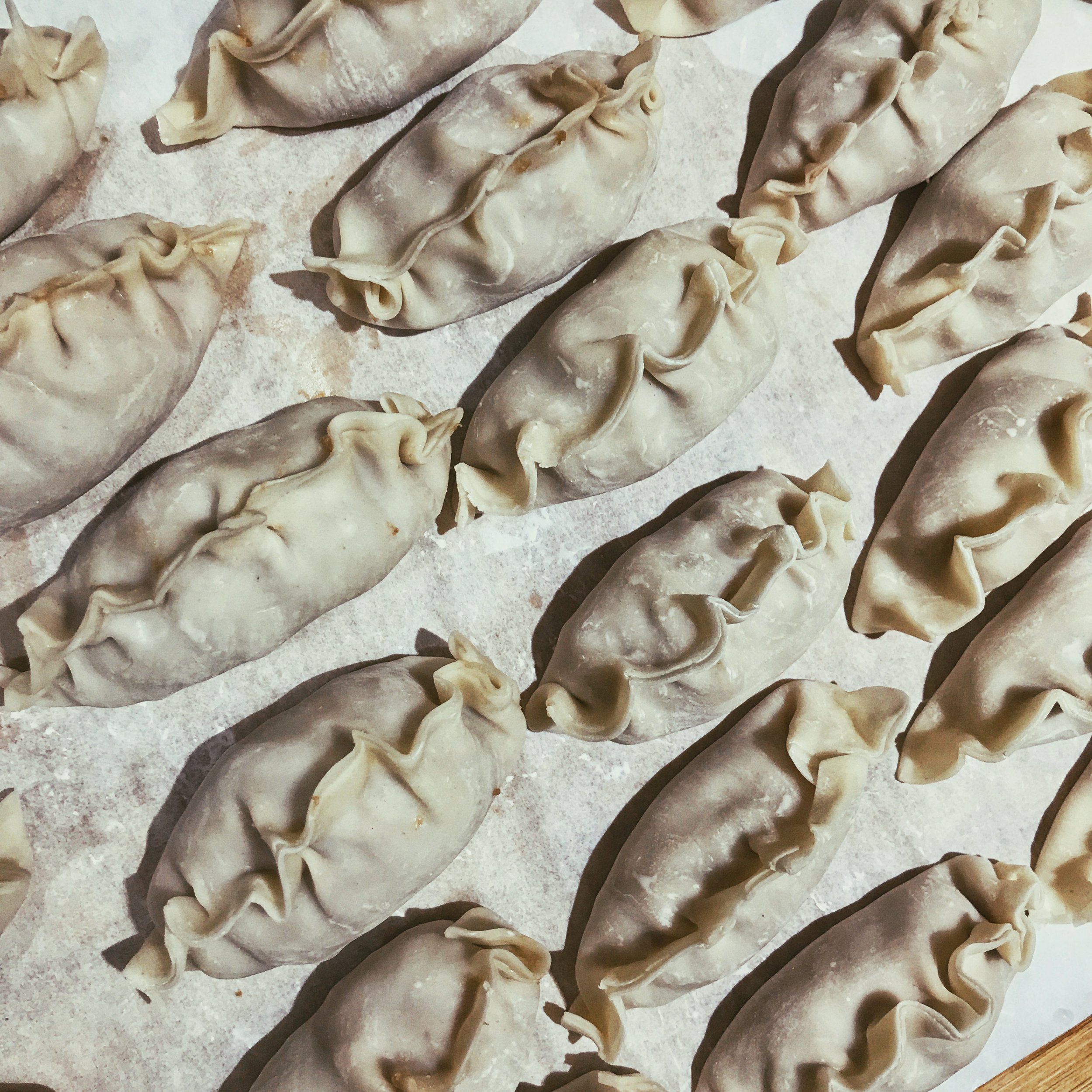 Handmade dumplings for Chinese new year arranged in a diagonal pattern in a monochromatic photo on a bamboo cutting board with parchment paper beneath it. Styled, cooked, assembled, and food photography shot by Ellen Avigliano.
