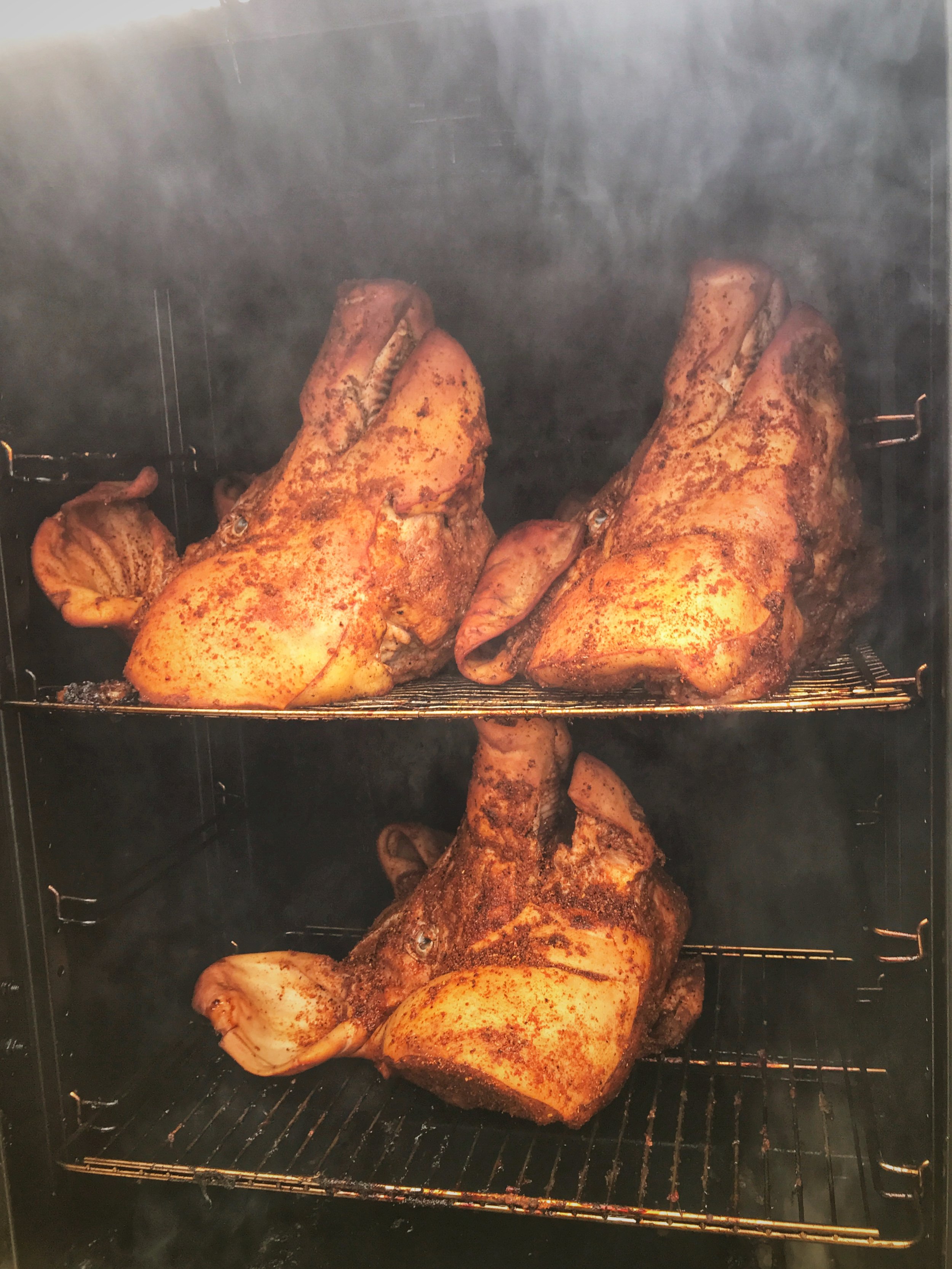 A front view of an open smoker with several pigs heads inside. The smoke billows down from the top shelf which has 2 pigs heads downwards to the bottom shelf with 1 pigs head. Food Photography shot by Ellen Avigliano.