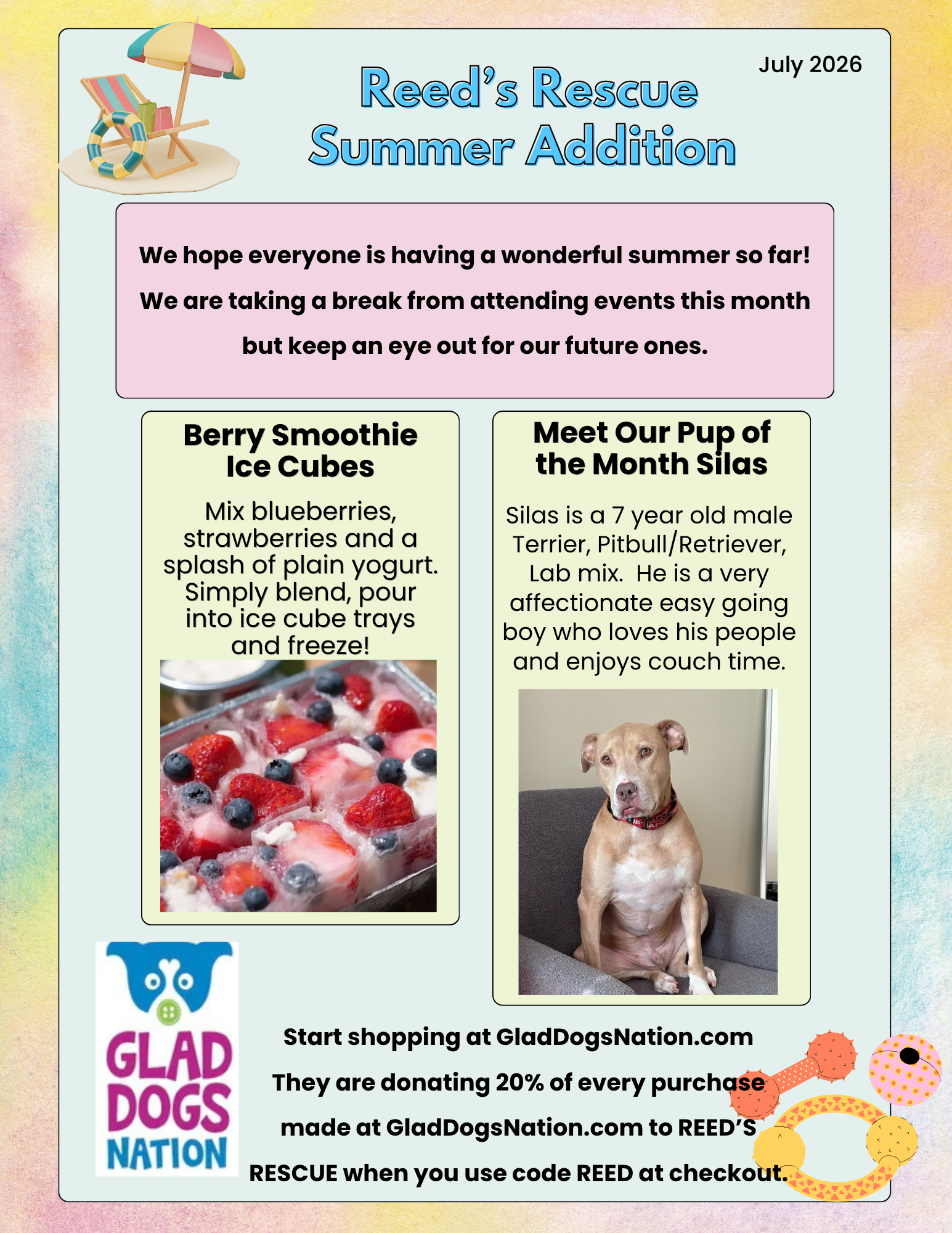 Newsletter for Reed's Rescue Summer Addition, July 2026, with a beach umbrella, lounge chair, and a ring float in the top left corner. The newsletter contains a message about taking a break from events with a photo of berry smoothie ice cubes and a dog named Silas, a 7-year-old male Terrier, Pitbull/Retriever mix. The newsletter promotes shopping at GladDogzNation.com, with a note about donating 20% of proceeds made at the website, using promo code REED.