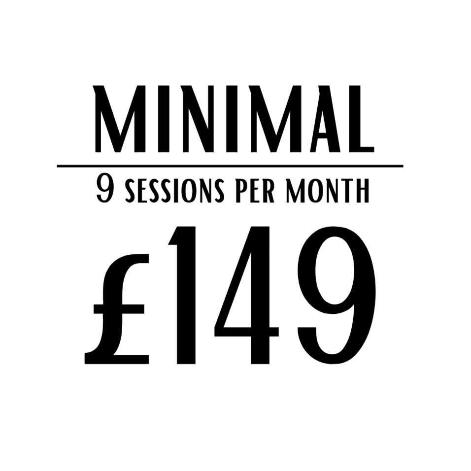 Pricing sign for minimal therapy with 9 sessions per month at £149.