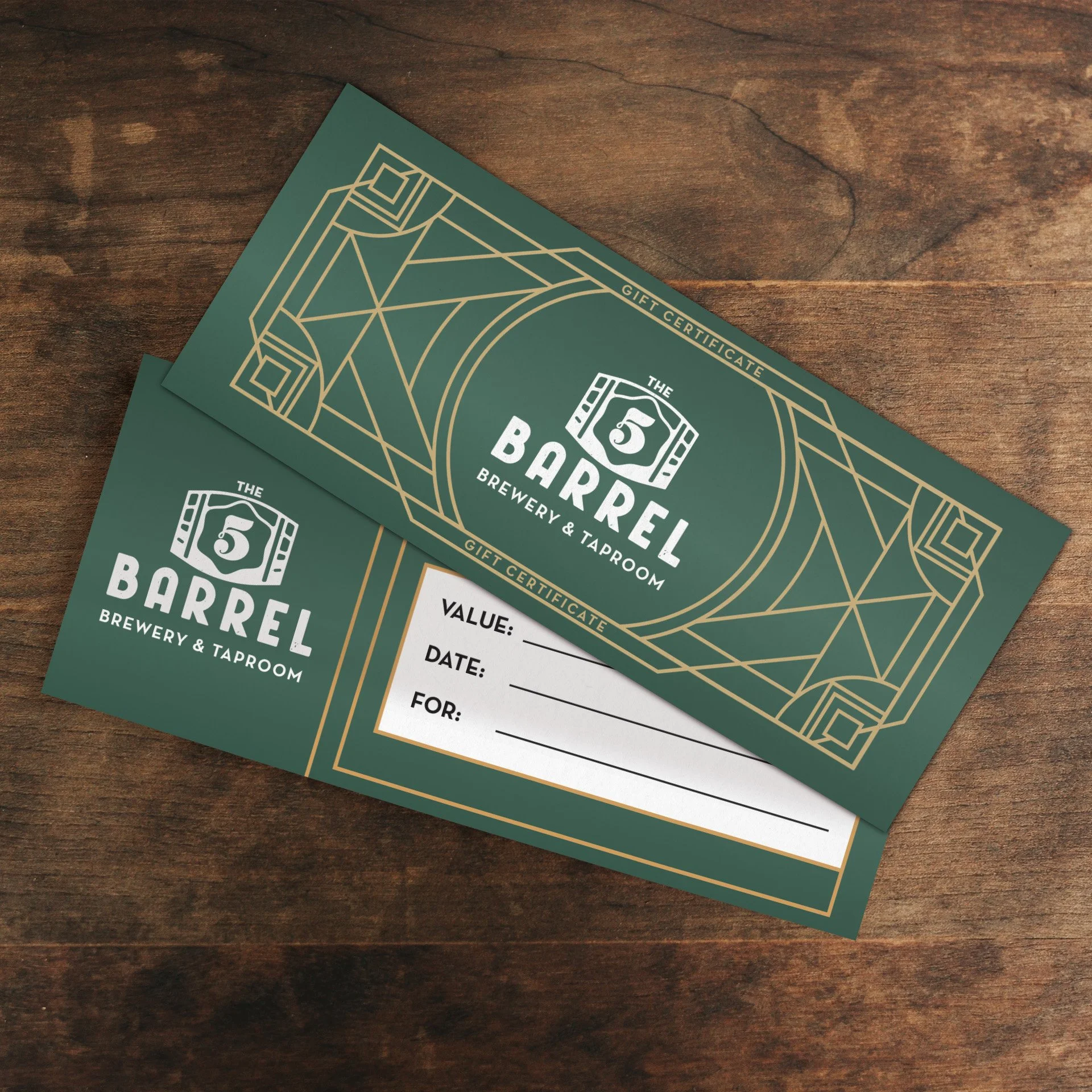 5 Barrel Brewery Taproom Logo design Branding Gift Certificate Design