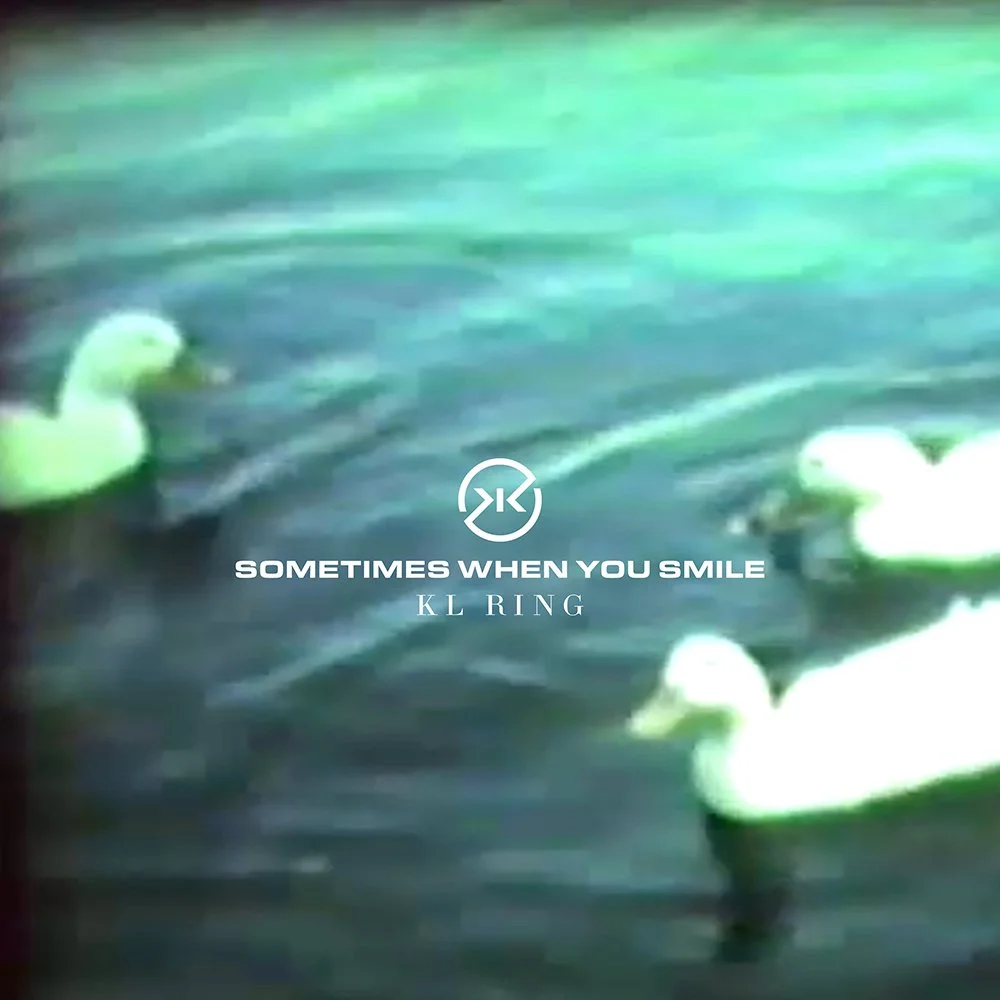 Artwork for song, "Sometimes When You Smile" by KL RING. Features three ducks in a lake, one alone and two paired. Evocative, starry-like, moonlit-like aqua-marine glow.