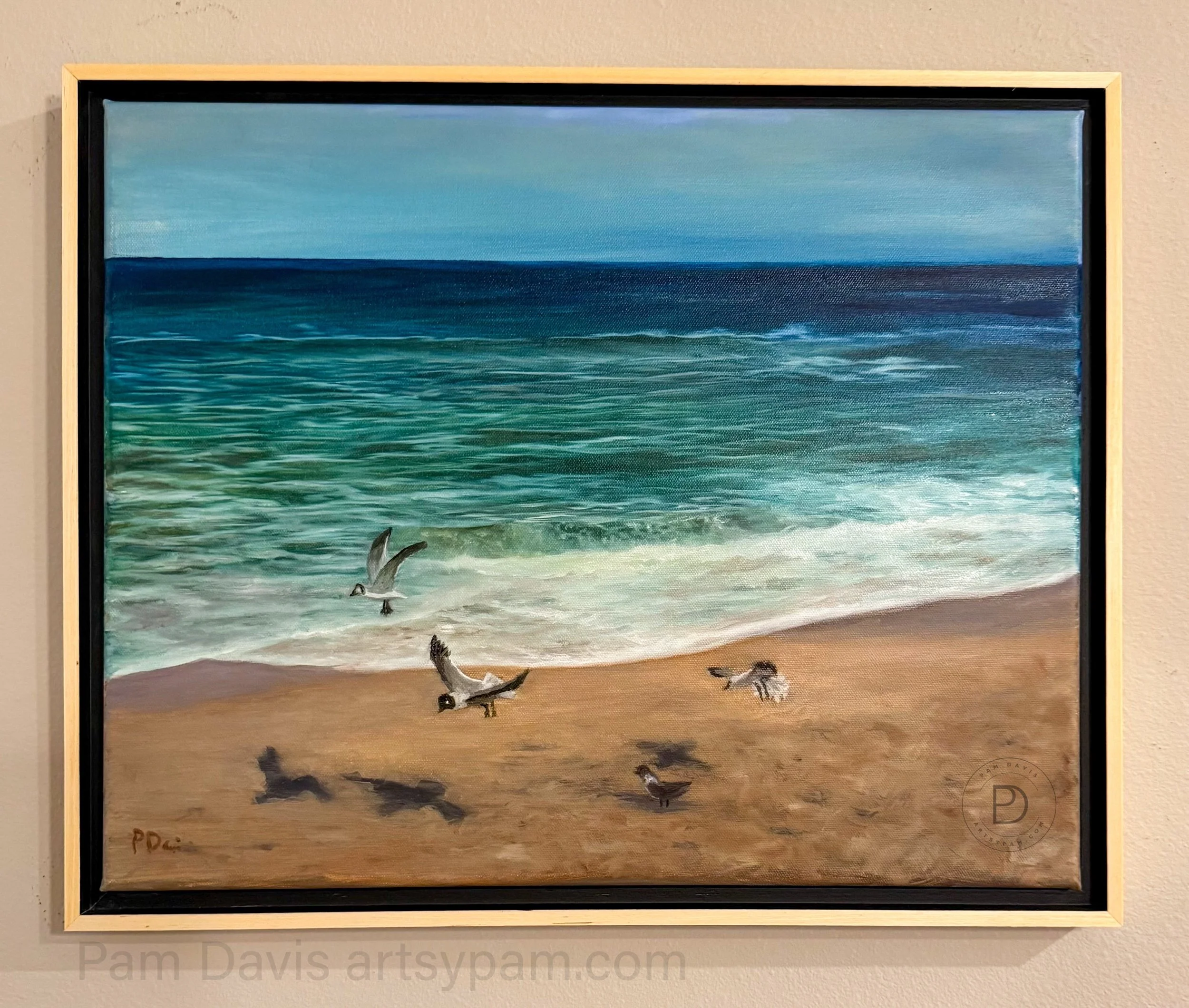 Pam Davis; Birds in Flight; Oil ; This oil painting highlights birds in flight by the shore. By focusing on light and shadow, this painting invites the viewer to reflect on the beauty of coastal nature.; $295