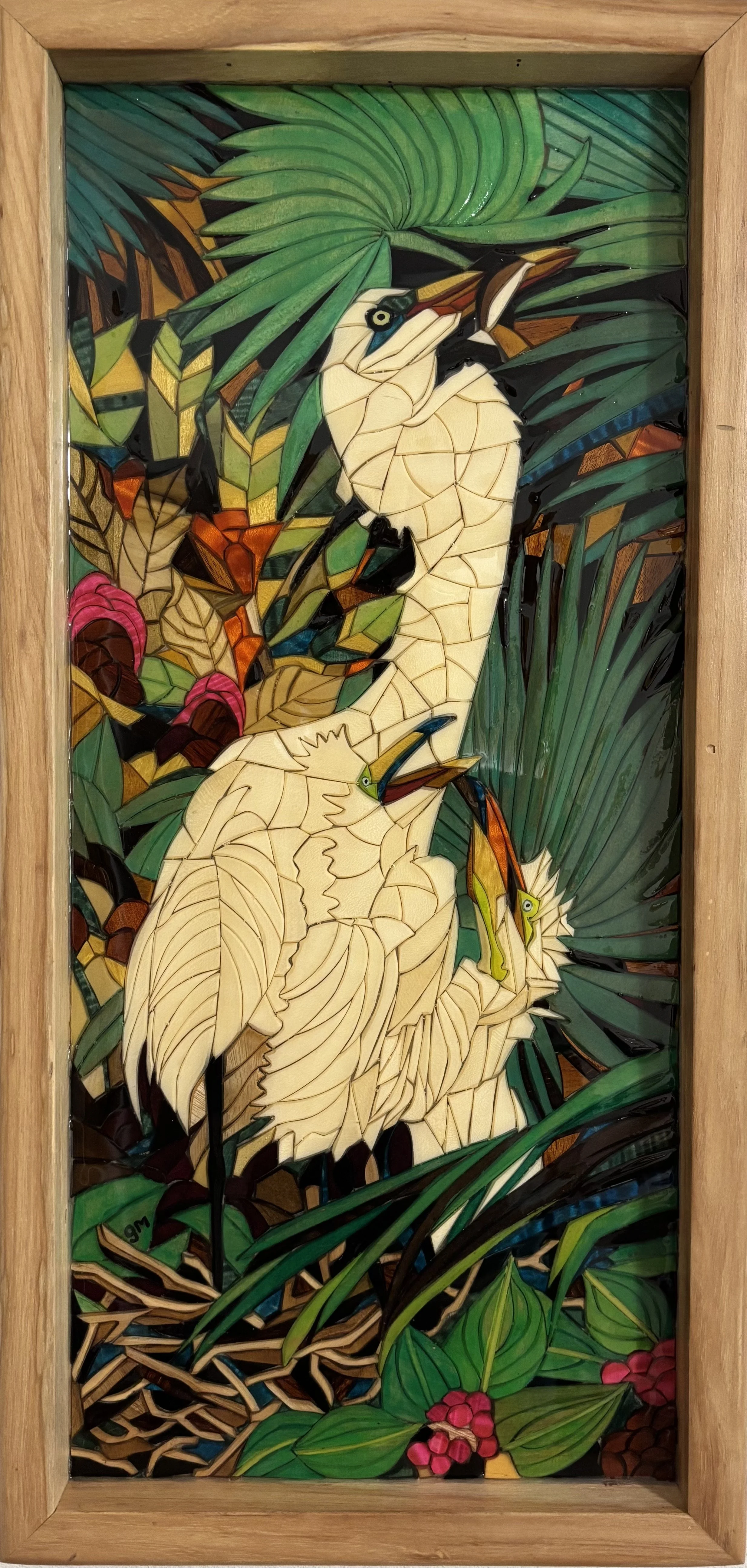 Gabrielle McNeese; The Nest; Wood Intarsia & Epoxy Resin; The white wood depicting the Egrets is American White Holly, the lightest colored hardwood in the world, a domestic North American tree.; $445