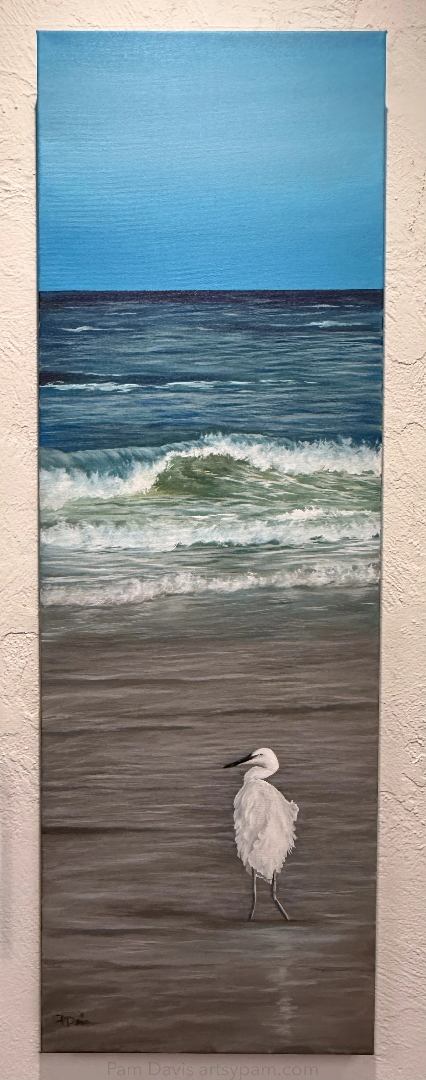 Pam Davis; Solo Egret; Acrylic ; This painting highlights a solo egret on the New Smyrna Beach shore. With a focus on coastal colors and realistic details, this painting invites the viewer into a quiet moment.; $365