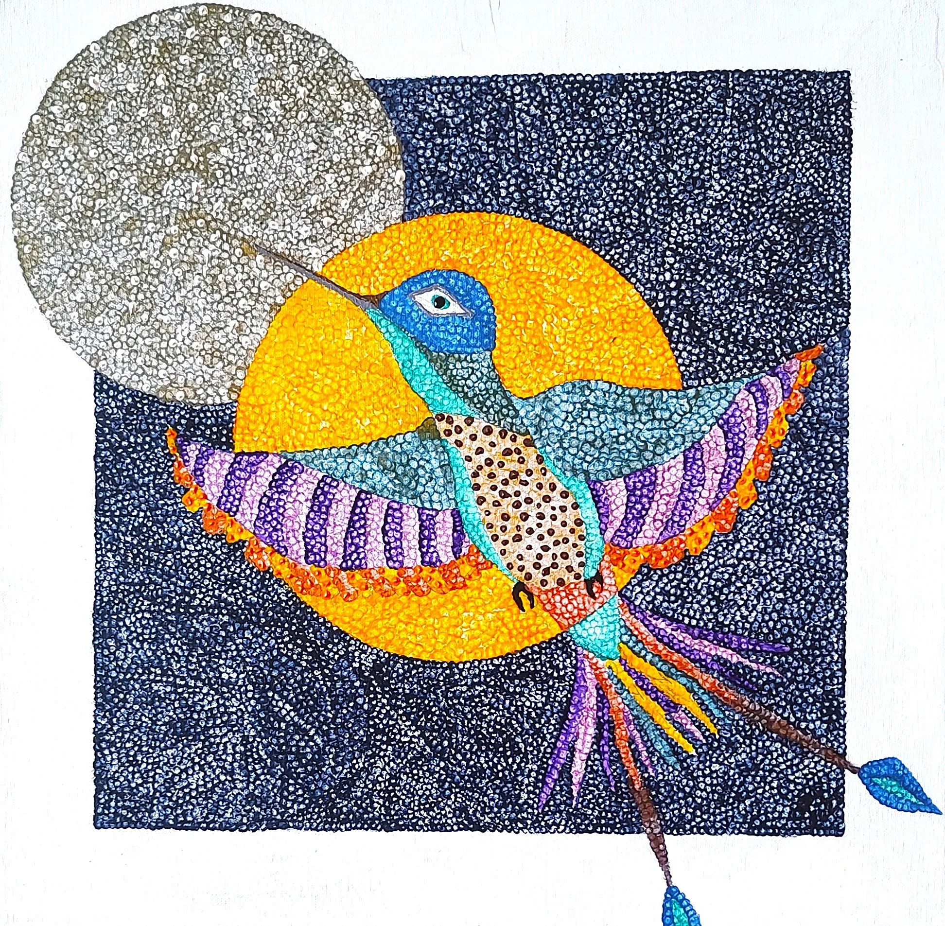 Toni Poll - Sorensen - “Signet of the Sun” - 20”x20” - Acrylic - A hummingbird in flight is set against two circles representing the sun and the moon. Legends of the hummingbird portray the tiny creature as an offspring of earth’s fire. - $400 - SOLD