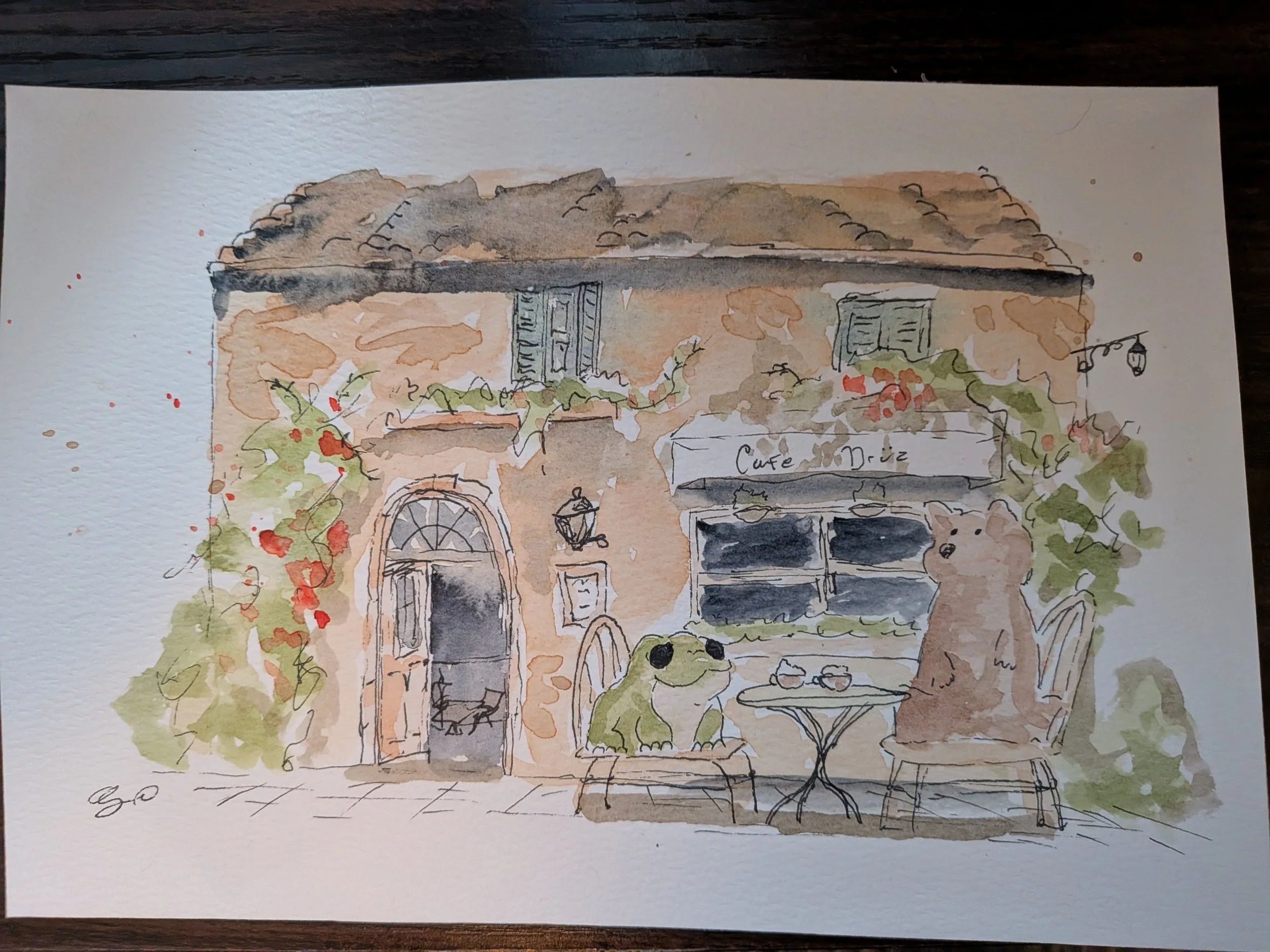 James O'Leary - “Morning Coffee” - 9”x6” - Watercolor - Mr. Frog and Mr. Bear enjoy a morning coffee at their favorite café. - $85 - SOLD