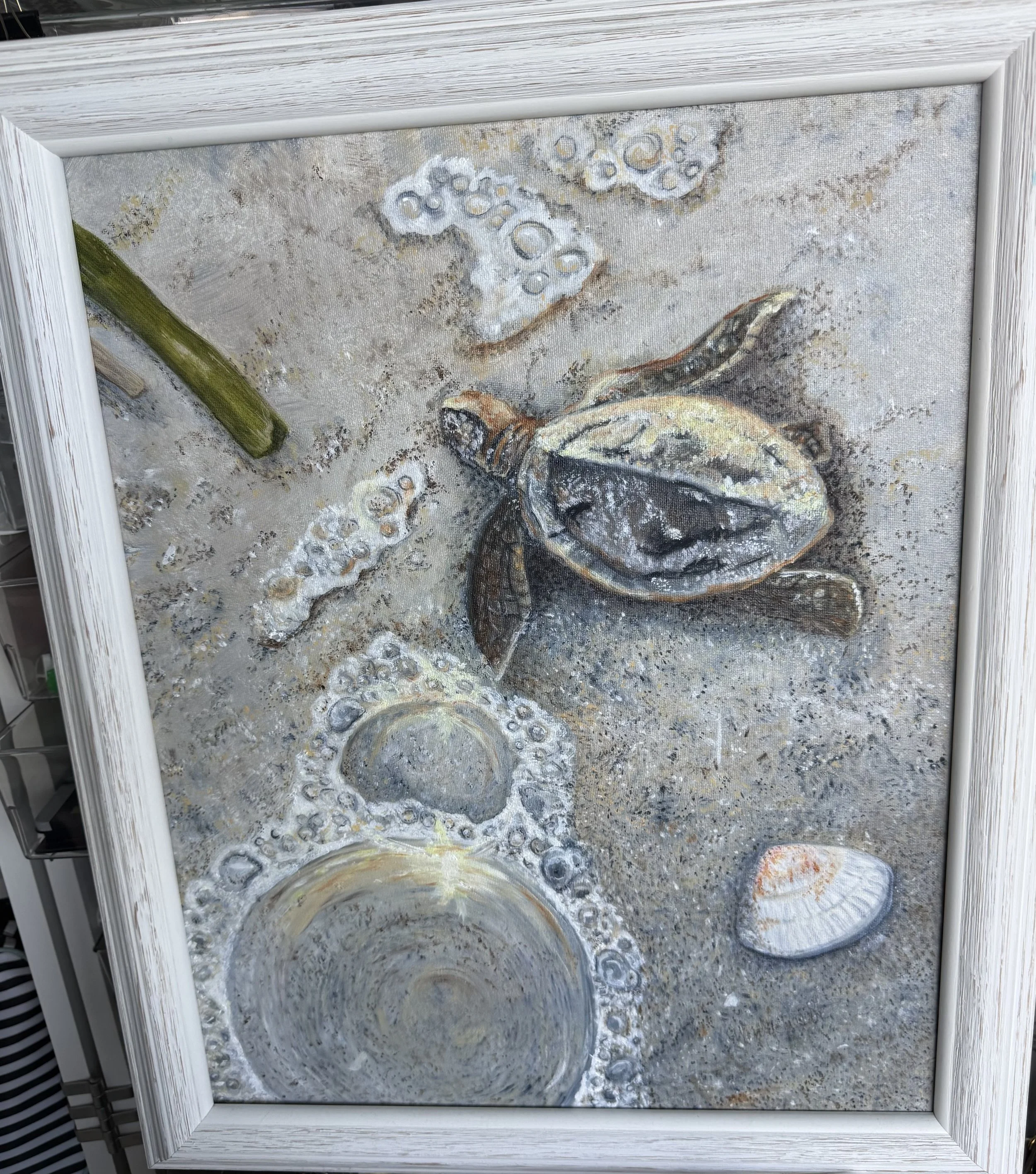 SOLD - Wendy Prescott; Journey; Oil; After the boil, the hatchling makes its journey down to the sea.; $400