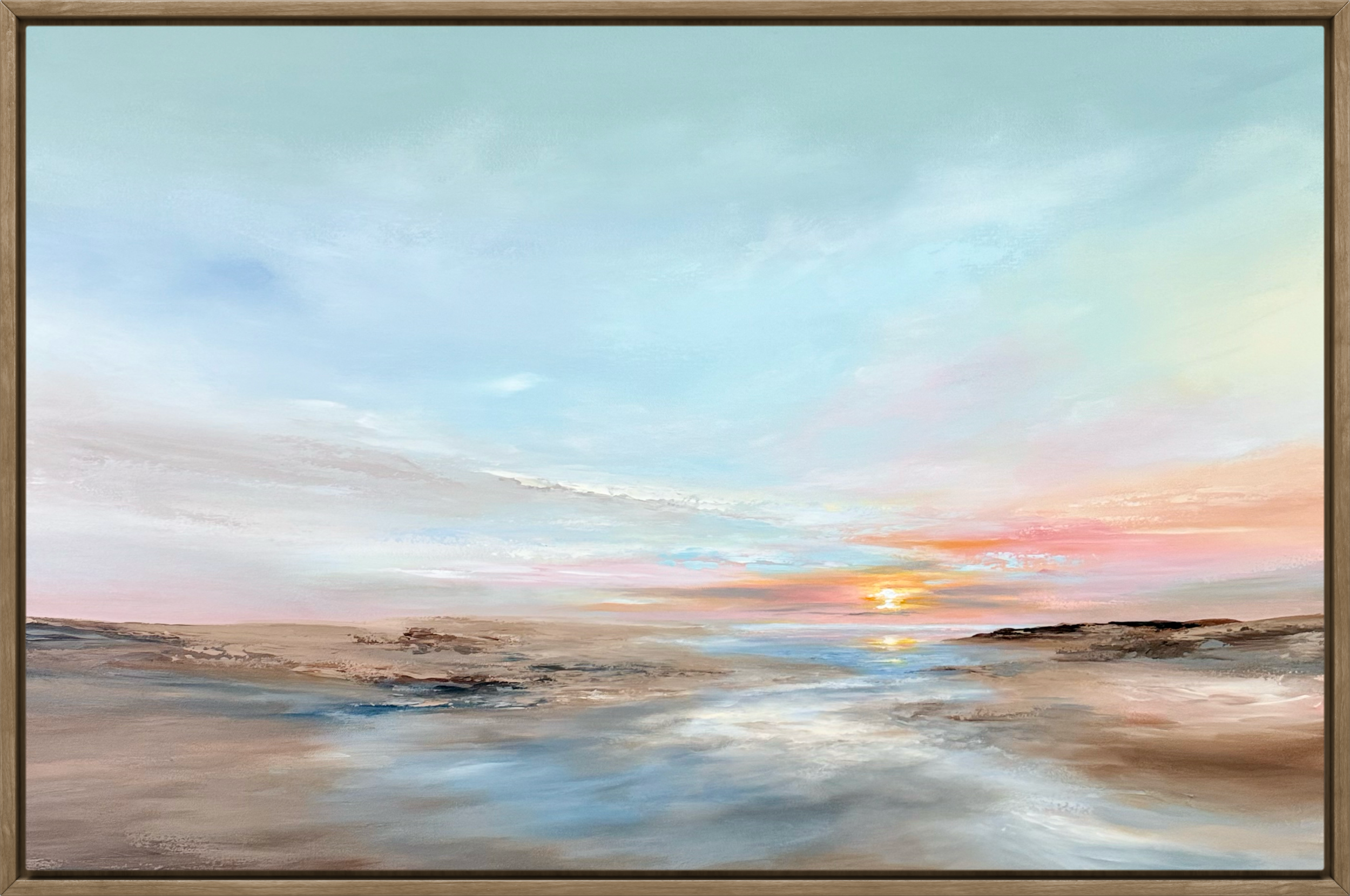 Sanjida Aftab; Where Morning Begins; 26x38; Acrylic; Light spills across the shoreline as the first moments of day awaken the horizon, celebrating the quiet beauty and endless calm found in nature.; $2,200