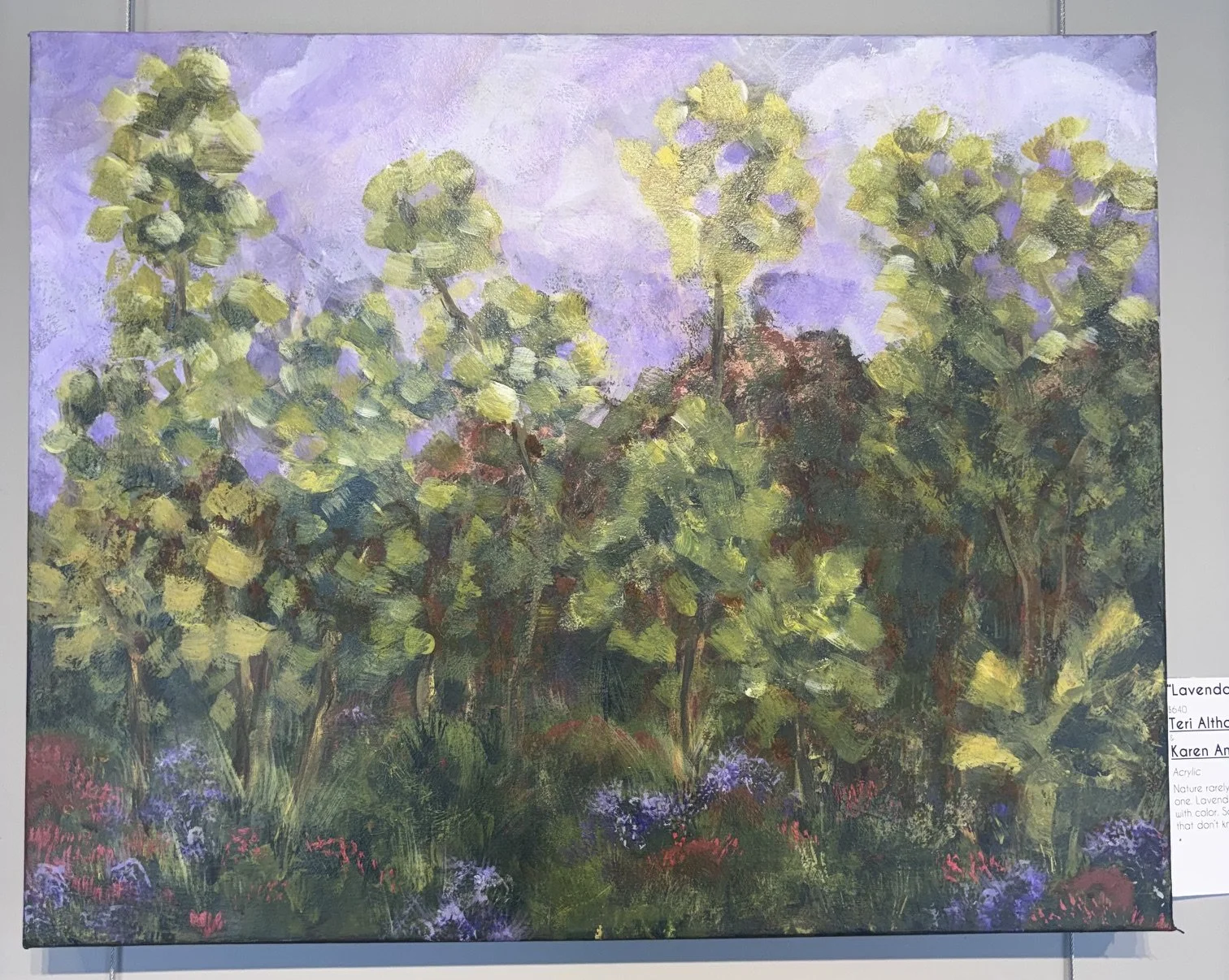 Teri Althouse & Karen Ann Patton; Lavendar Dreams; Acrylic; Nature rarely follows the rules and neither does this one. Lavendar skies soften this landscape bursting with color. Sometimes the best gardens are the ones that don't know when to quit bloo