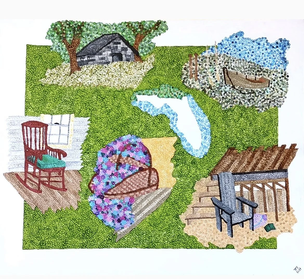 Toni Poll-Sorensen; Old Florida Vignettes; 37.5 x 31.5; Acrylic; Old Florida is portrayed through a patchwork of scenes including a rustic black barn, a simple boat, a beach chair, an open window and rocking chair and a woven basket of flowers.; $600