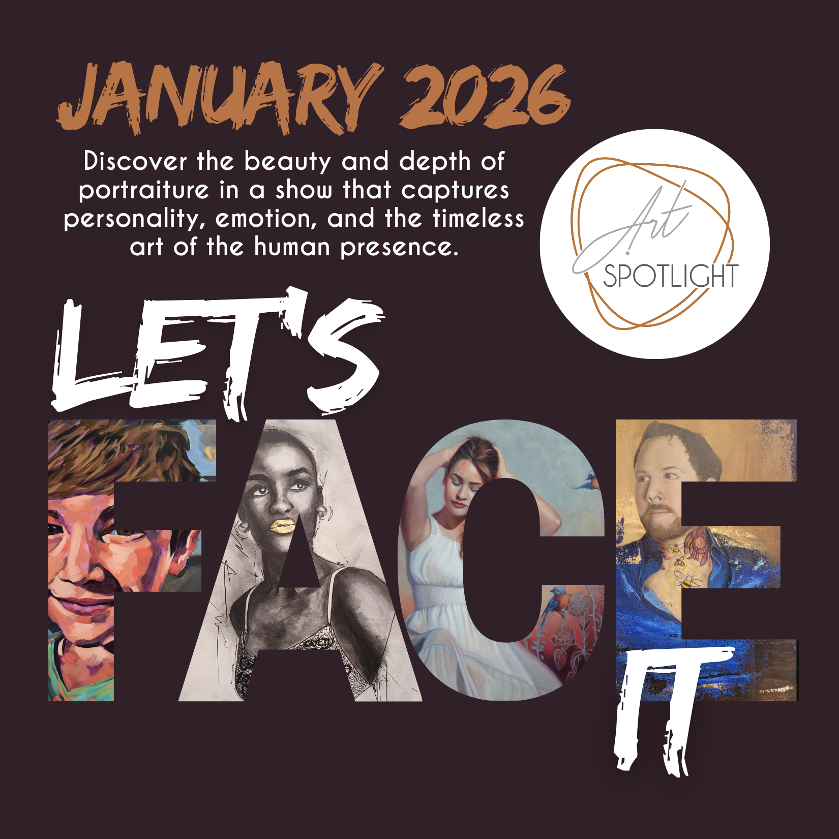 Image with Call for Art January 2026 with art of portraits