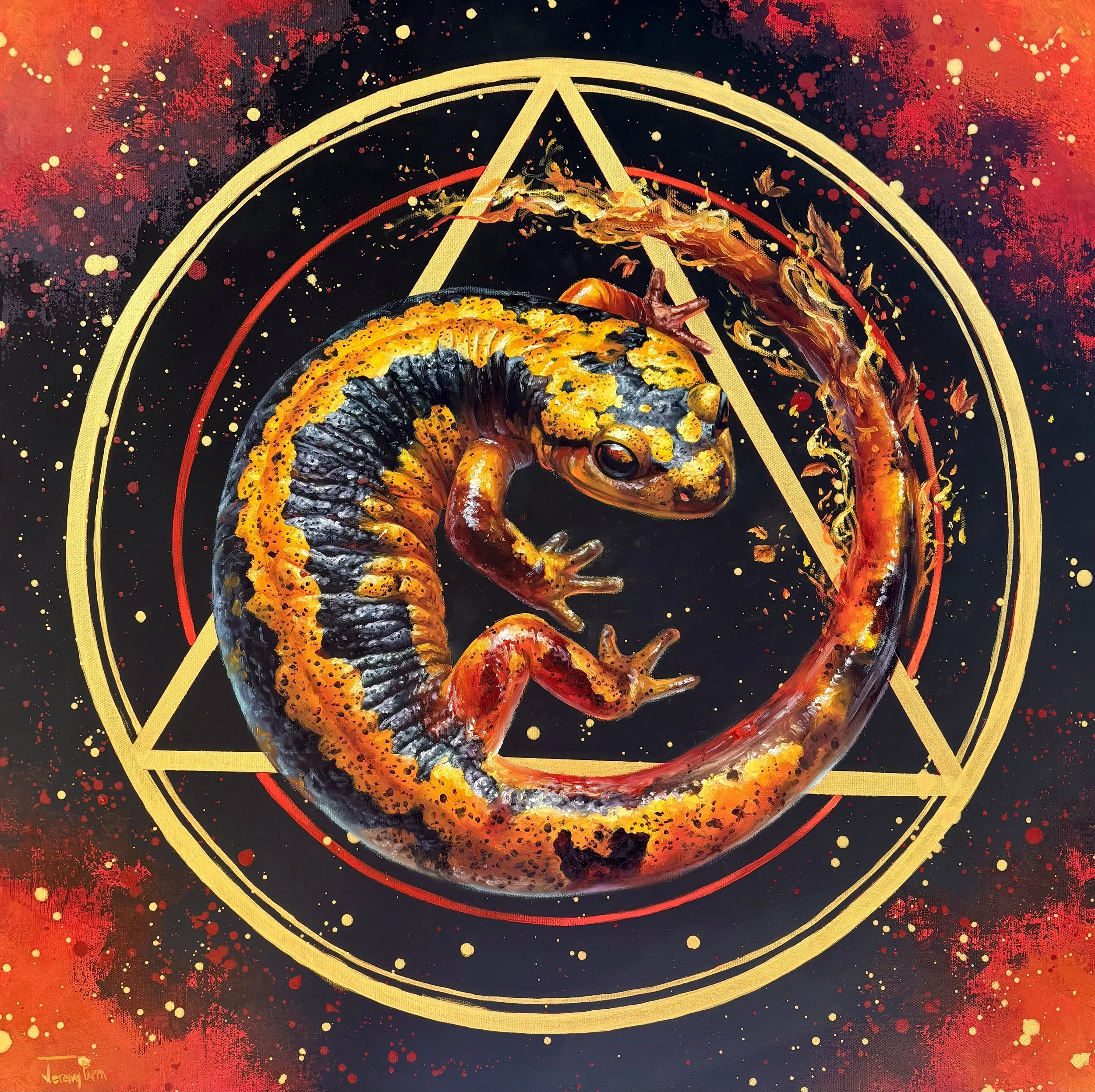 Jeremy Pappa - “Soul Of Cinders” - 24x24” - Oil and Acrylic - In classical alchemy, the salamander was associated with the element of fire. This piece incorporates alchemical symbols to represent fire as a transformative force of growth - $6000 