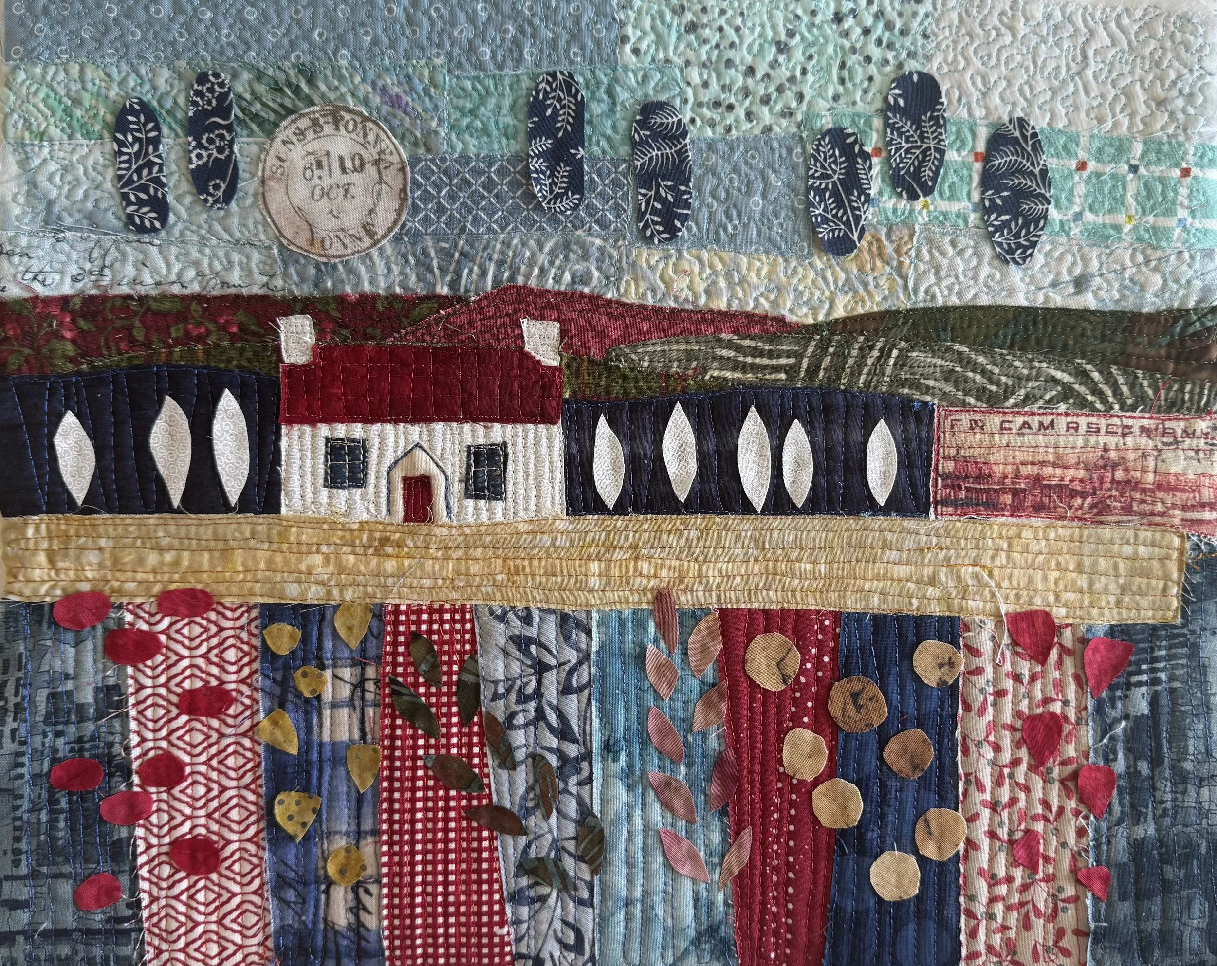 Peggy Epton; Quilted Landscape; 14 x 12; Fiber Art; What is more Americana than a quilt? Pieced from fragments of fabric and memory, it tells a story of home, landscape and belonging.; $425