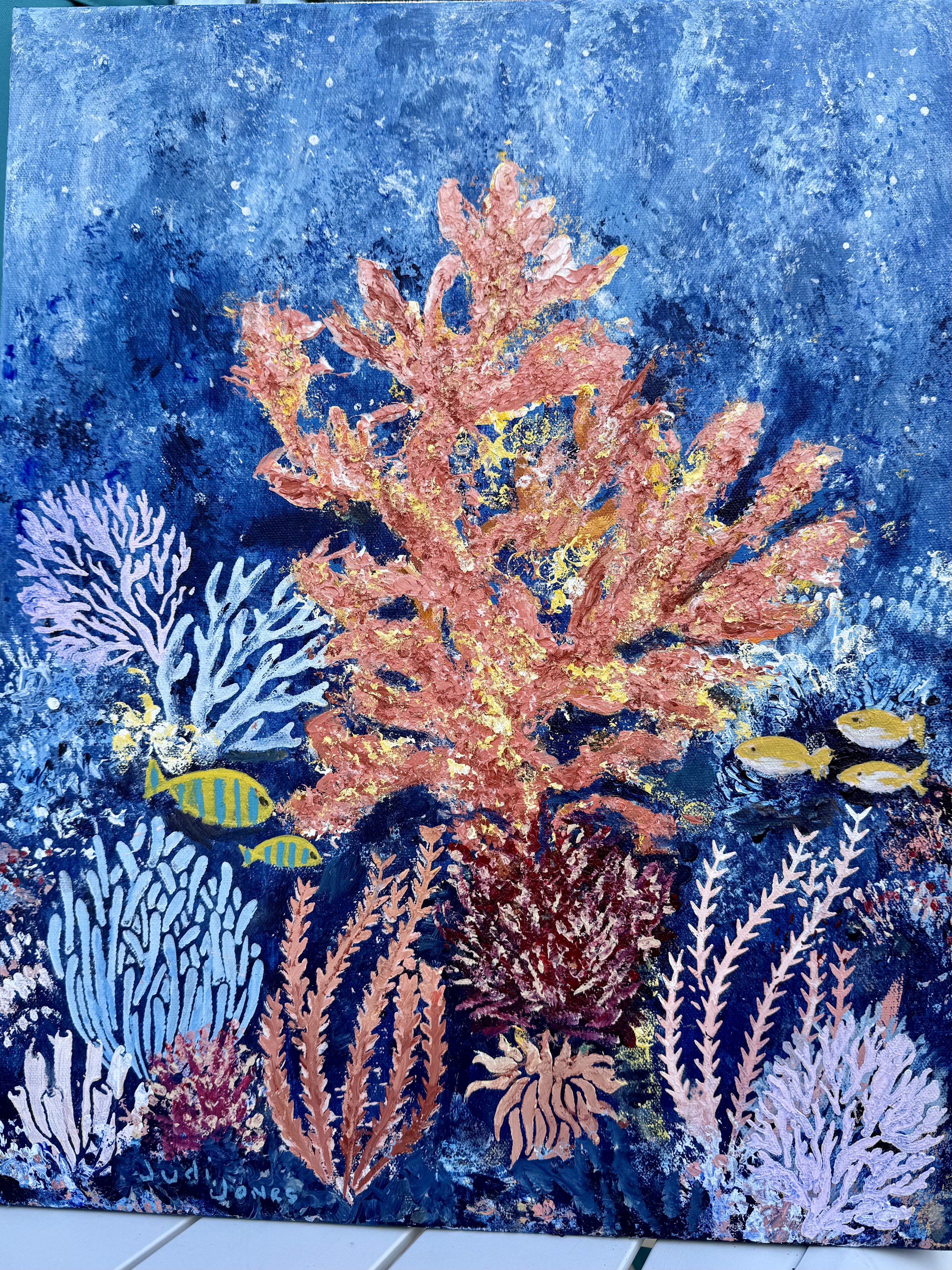 Judi Jones; Floral Sea; Acrylic; Deep in the Sea is an amazing garden of coral creating the perfect array of color.  This painting captures this beauty using both brushes and pallet knives,; $345