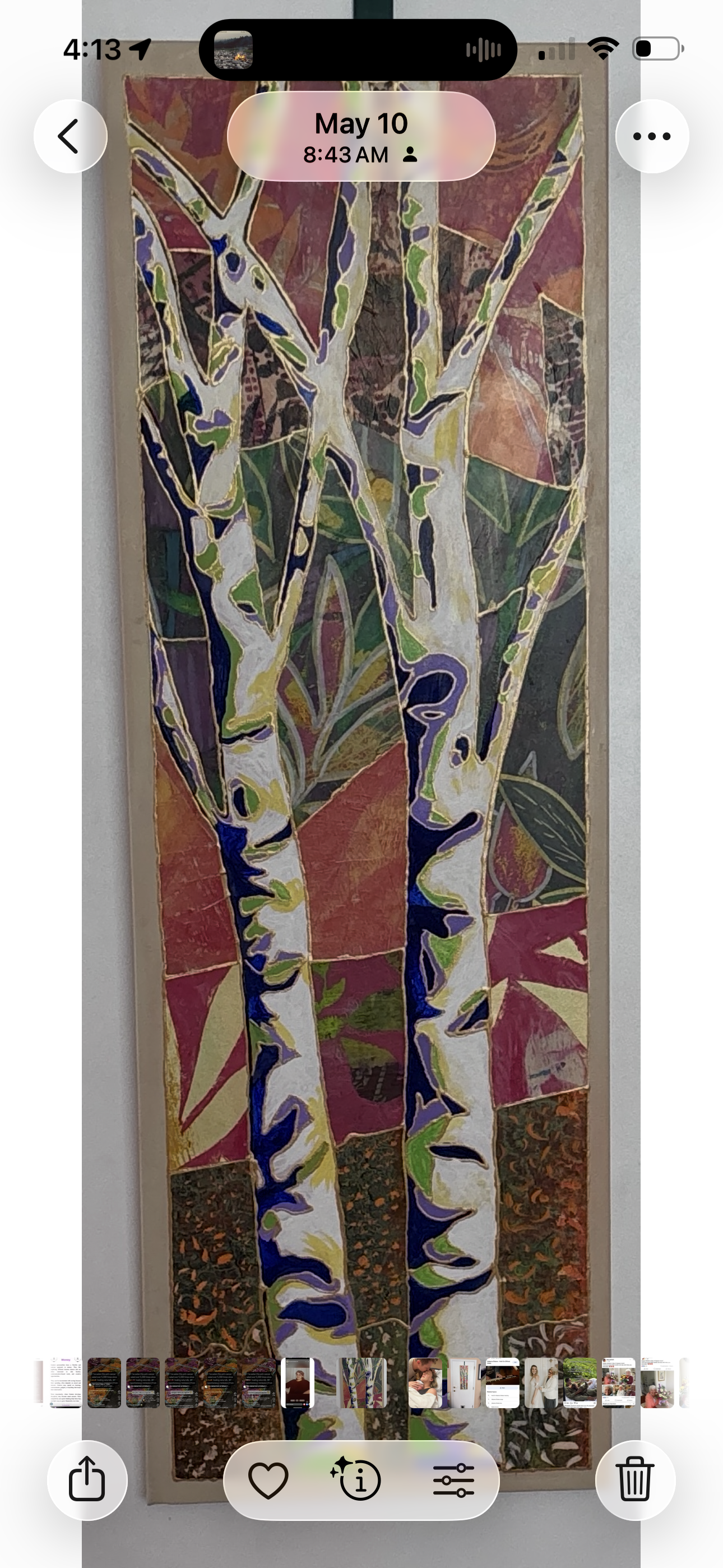 Kim Birrell; Birches; 12 X 36; Gel Print Collage; Being from the Midwest, Birch Trees have always comforted me. They are warm, friendly, light friends.  I enjoyed mixing many different artworks for this piece.; $375