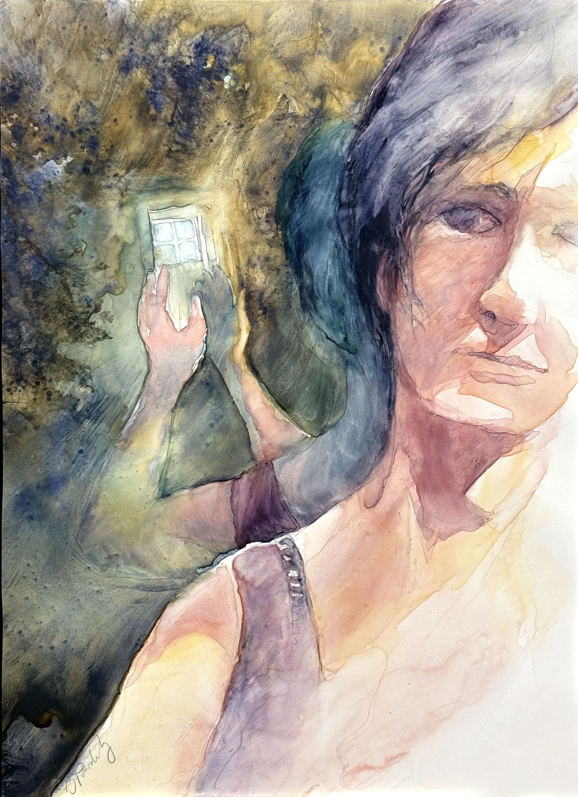 Barbara Powderly; Reflecting on a Window of Opportunity; Watercolor; 16x20; Capturing a moment of self-reflection, the serendipitous alignment of the window with the hands implies a connection to the outside world with endless opportunities.; $310