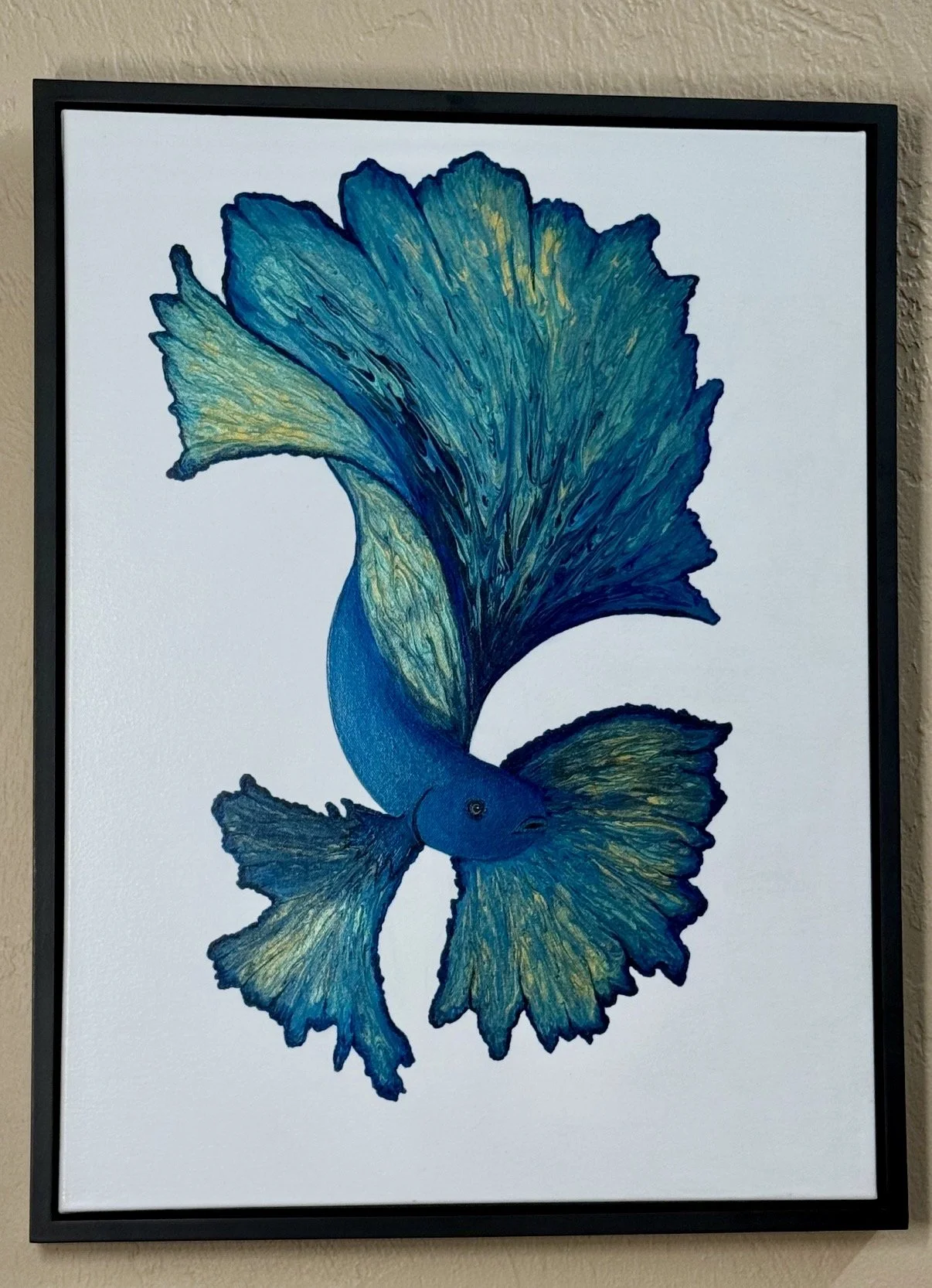 Jacqueline Salvesen; Silent Majesty; Acrylic; A solitary betta in deep blue and gold, fins unfurled like a royal cloak. Beauty and quiet strength held in the same still pose — the “beautiful warrior,” at rest.; $640
