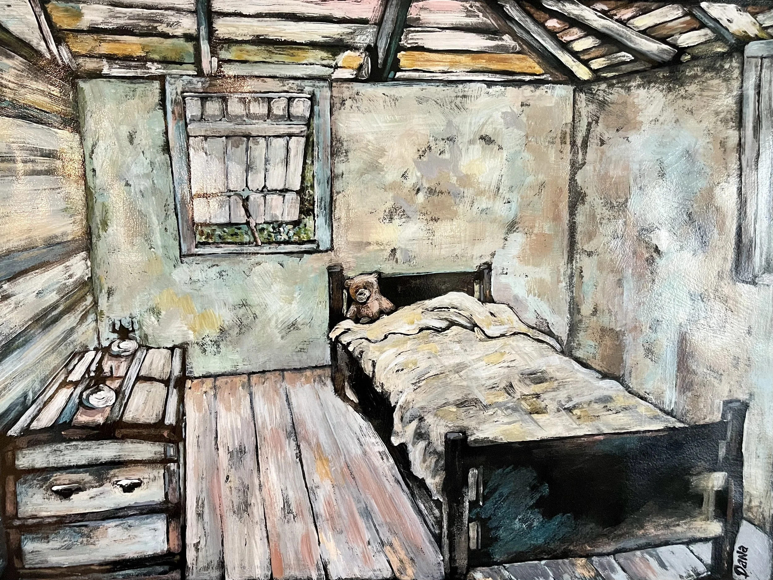 Dana Wright; Some Walls Do Talk; 24x30; Acrylic Ink Resist; Early American settler house interior from FL Keys.  Including artifacts like steamer trunk, oil lamps, quilt, and teddy bear. My process using acrylic paint -ink resist technique.; $720