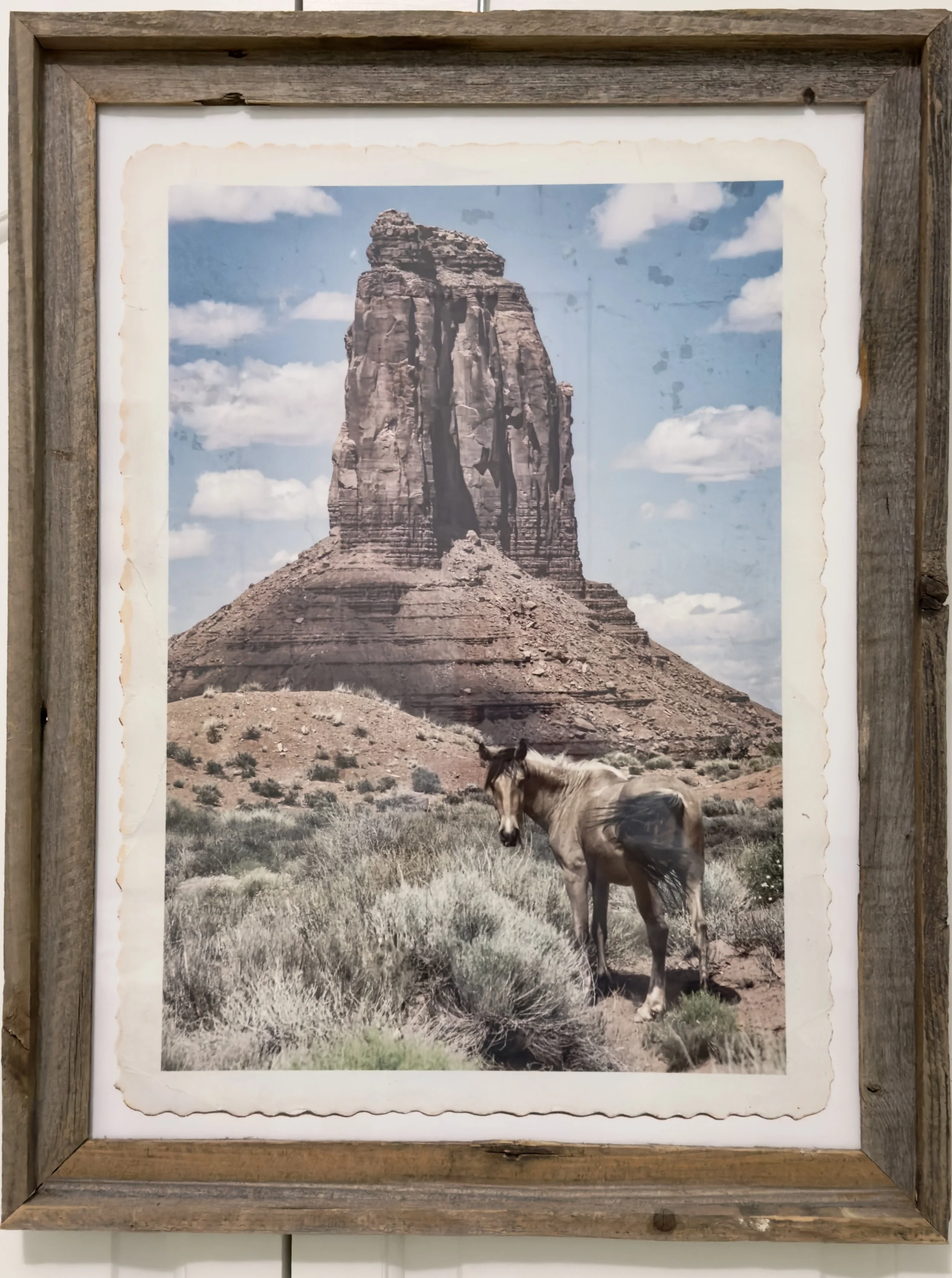 Lori Vetter - “Horse With No Name” - 18” x 24” - Photograph with artistic border in rustic frame and faded western color - I felt a connection with this natural beauty - a true wild horse -  - who turned to look directly at me as I passed through Mon