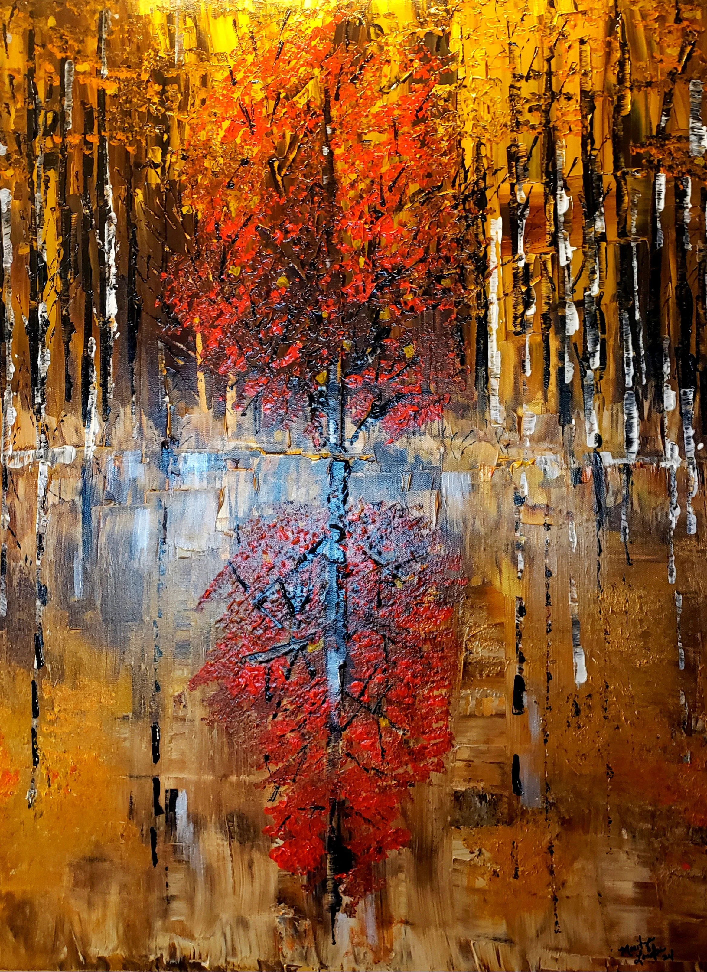Maritza Longtin; Reflection; Texture Acrylic; 30×40; Reflection is the contrast of what is and the shadow of what is seen, the colors are an invitation to the magnificence of fall.; $1,200
