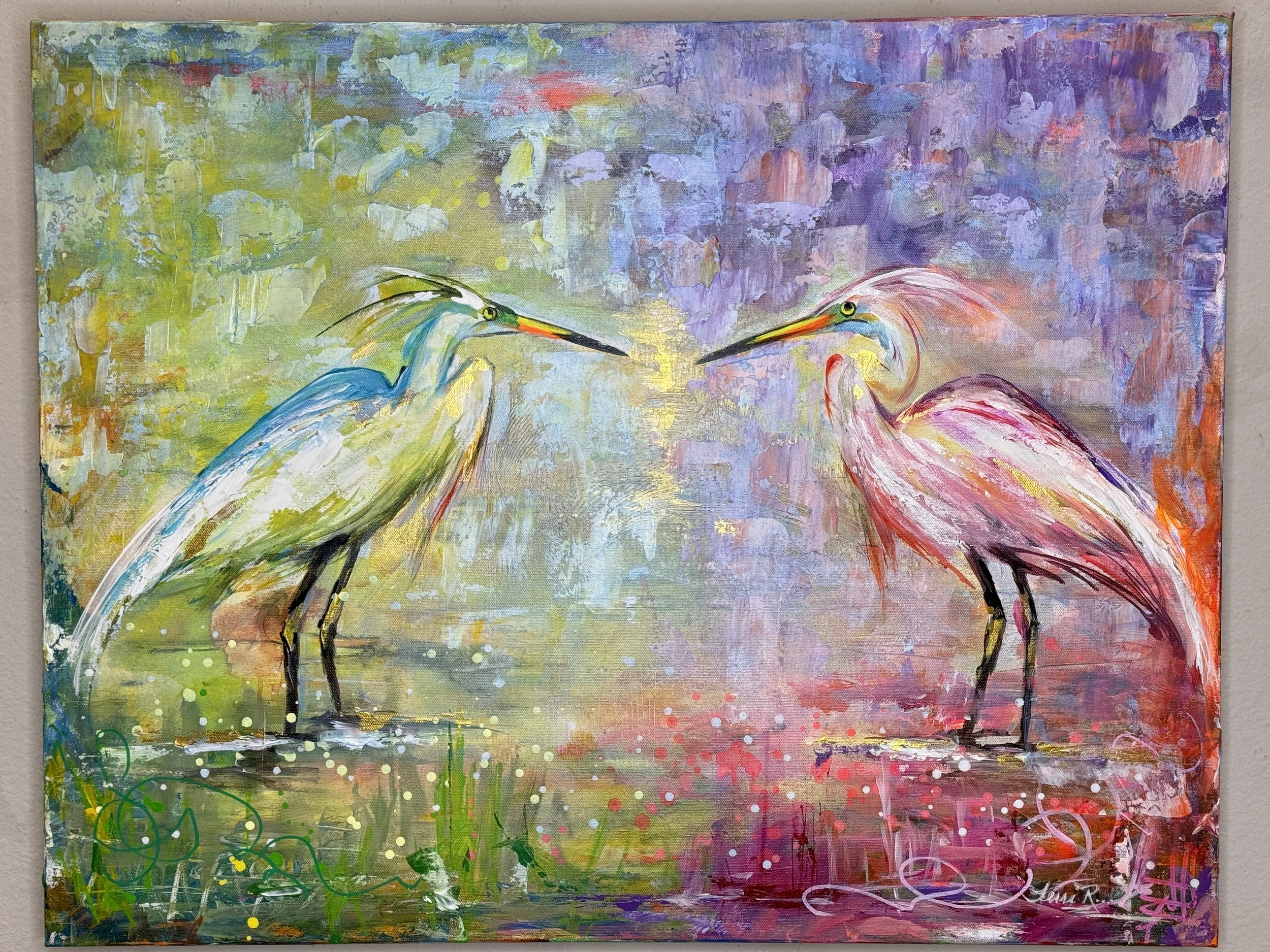 Terri Rampone; Secondary Reflections; Acrylic; 22 x 28; In this piece, two egrets meet in a quiet moment of recognition creating a visual conversation. The birds become both subject and mirror watching and being watched.; $585