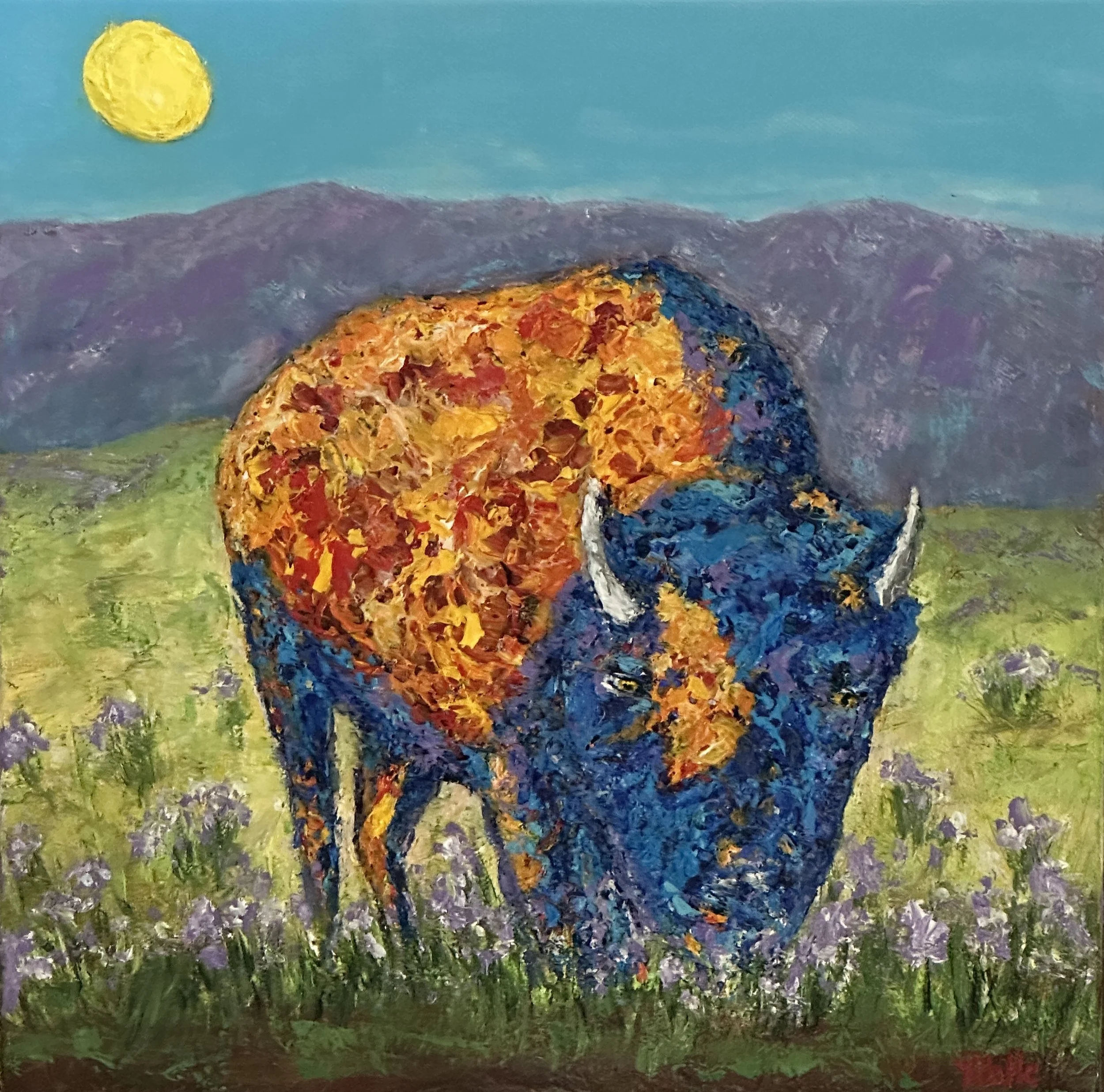 Yolanda Helle - “Wildlight” - 12”x12” - Acrylic - Wildlight, is bathed in vivid colors and is framed by graphic mountain shapes under a brilliant sun. Its layer texture brings depth and movement to this painting. - $300 