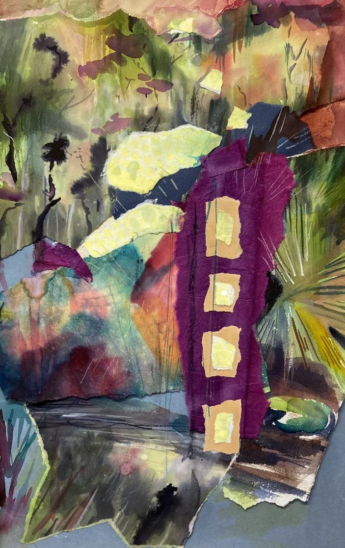 Judi Bradford; River Mood; Mixed Media;  This abstract swamp reflects where the tangled jungle dissolves into moonlight. The moon’s reflection shimmers through shadows and wild and luminous foliage.; $440