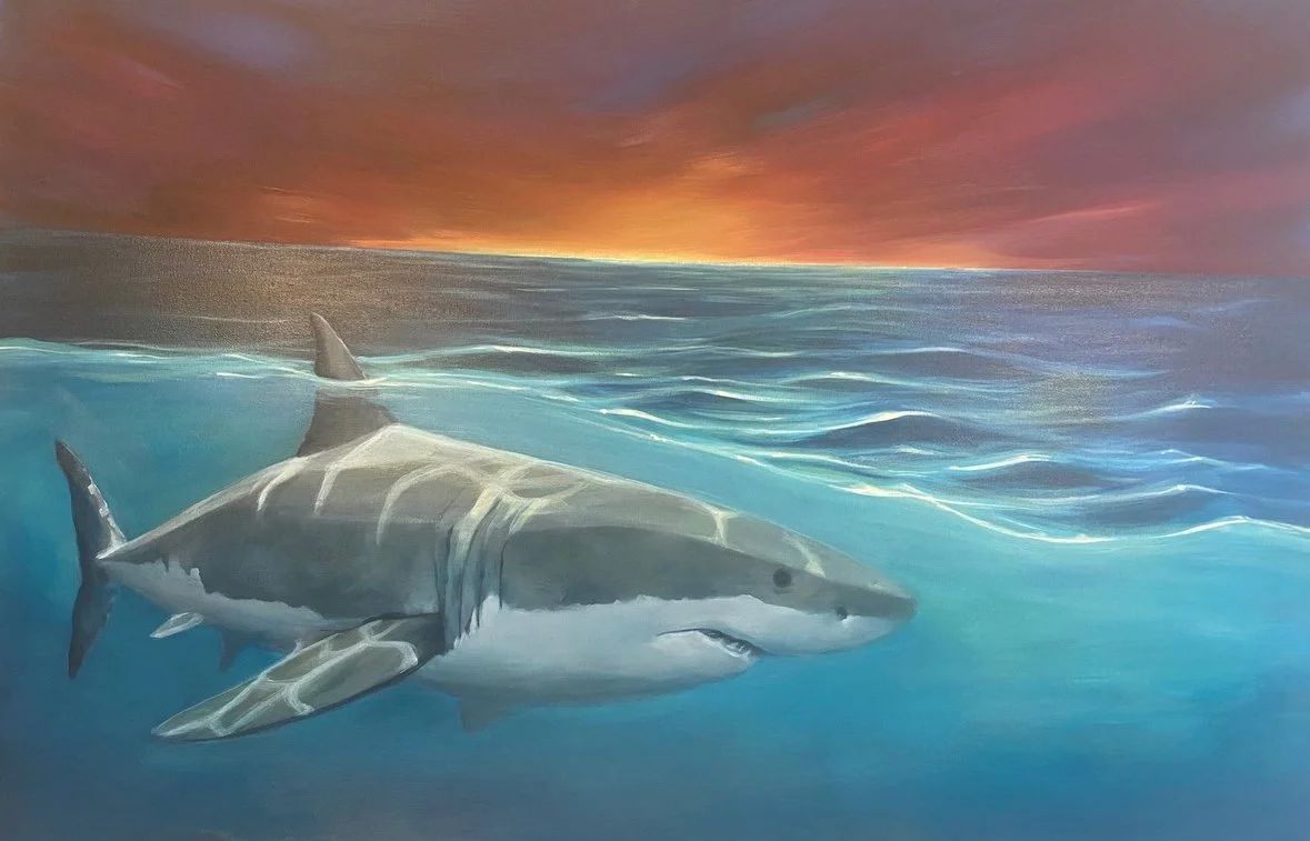 Michelle Delisle; Sunset Explorer; Acrylic; Sunset Explorer captures a shark moving  through the ocean beneath a bold red sunset.  Creating a peaceful moment between two very different worlds; $510