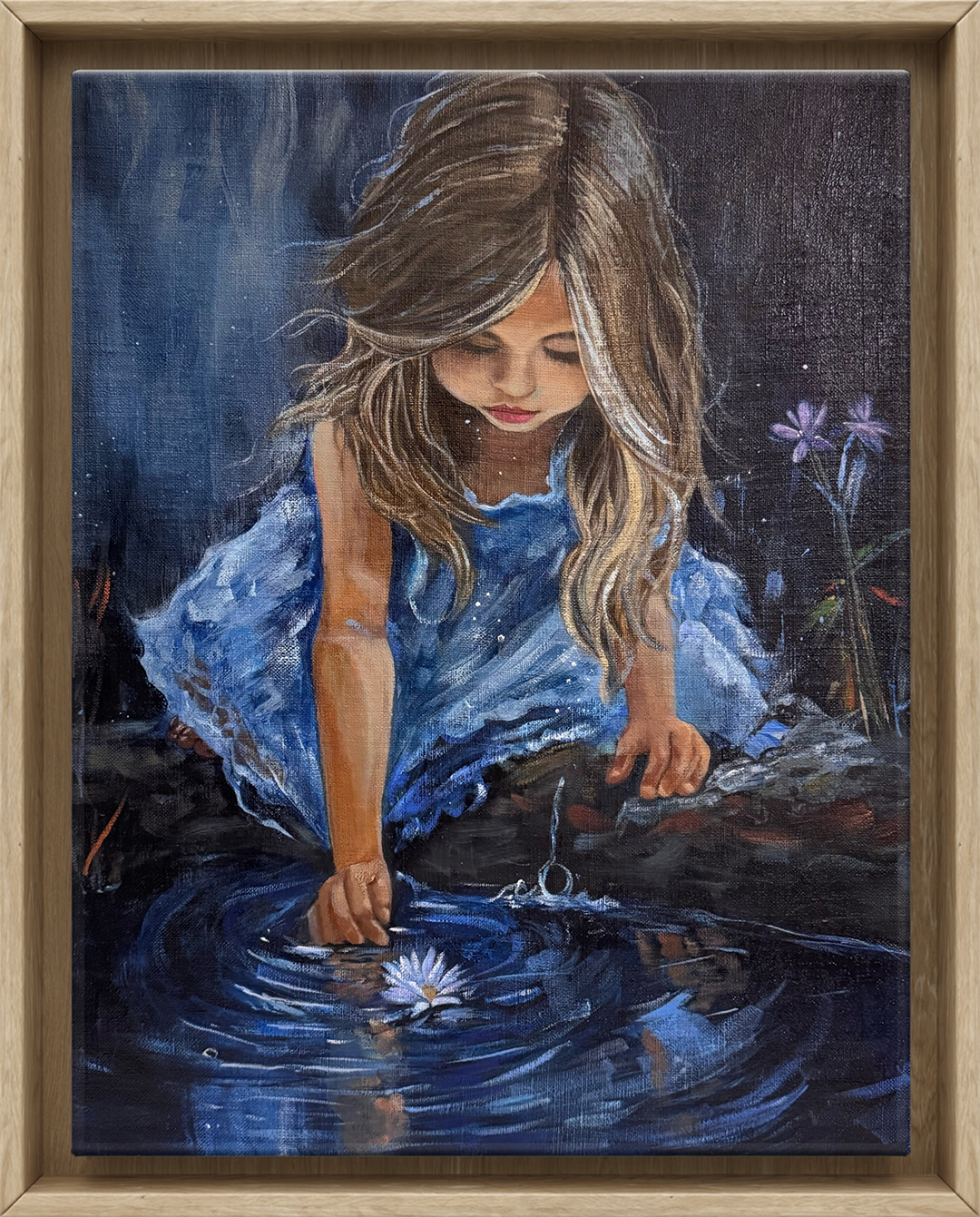 Amber Lyn; Mnemosyne; Oil & Mixed Media; 16x20”; Mnemosyne considers memory as something felt rather than seen, using reflection and stillness to evoke the fragile persistence of childhood moments.; $480