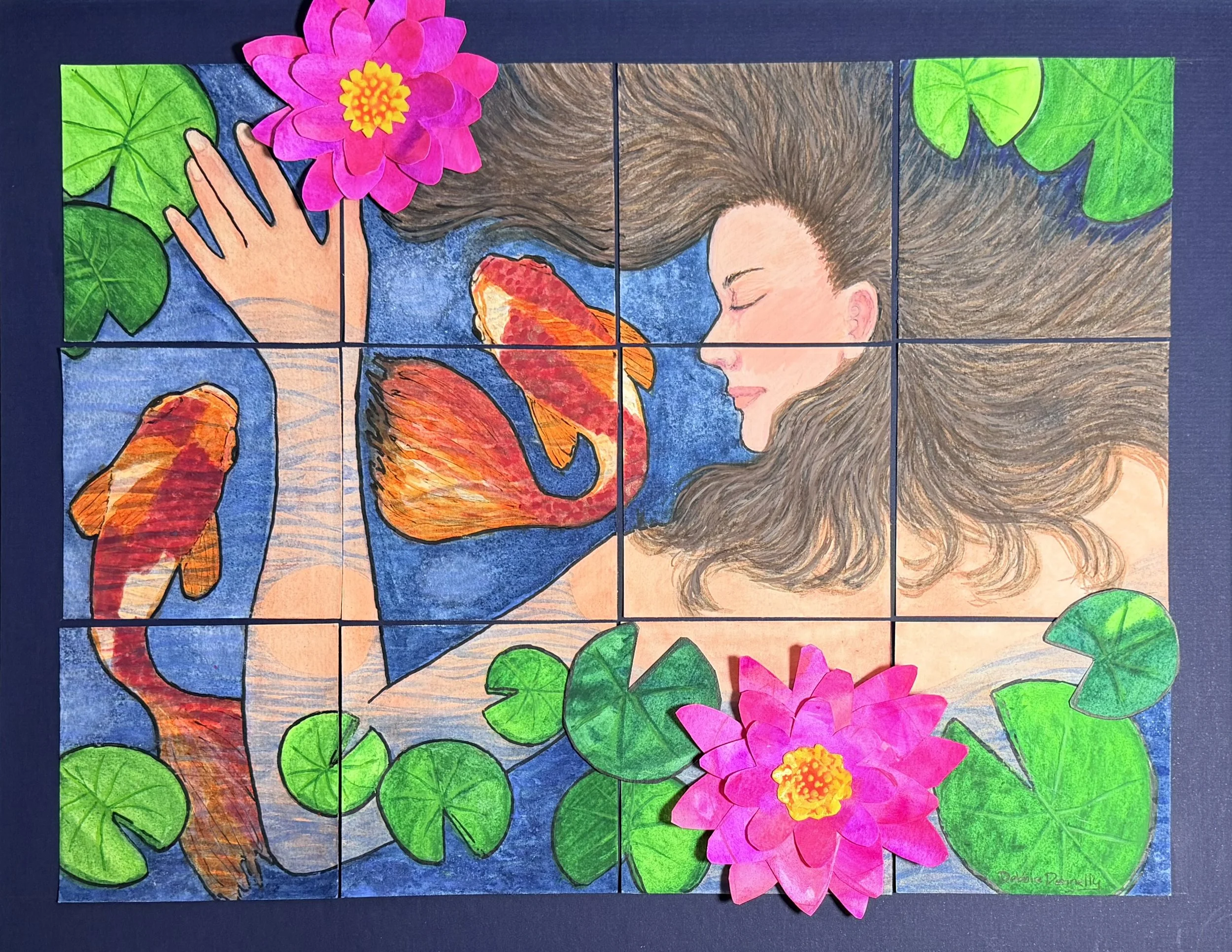 Debbie Donnelly; She Floats with Koi; Watercolor; This painting is about connecting with nature — letting go and floating free.; $450