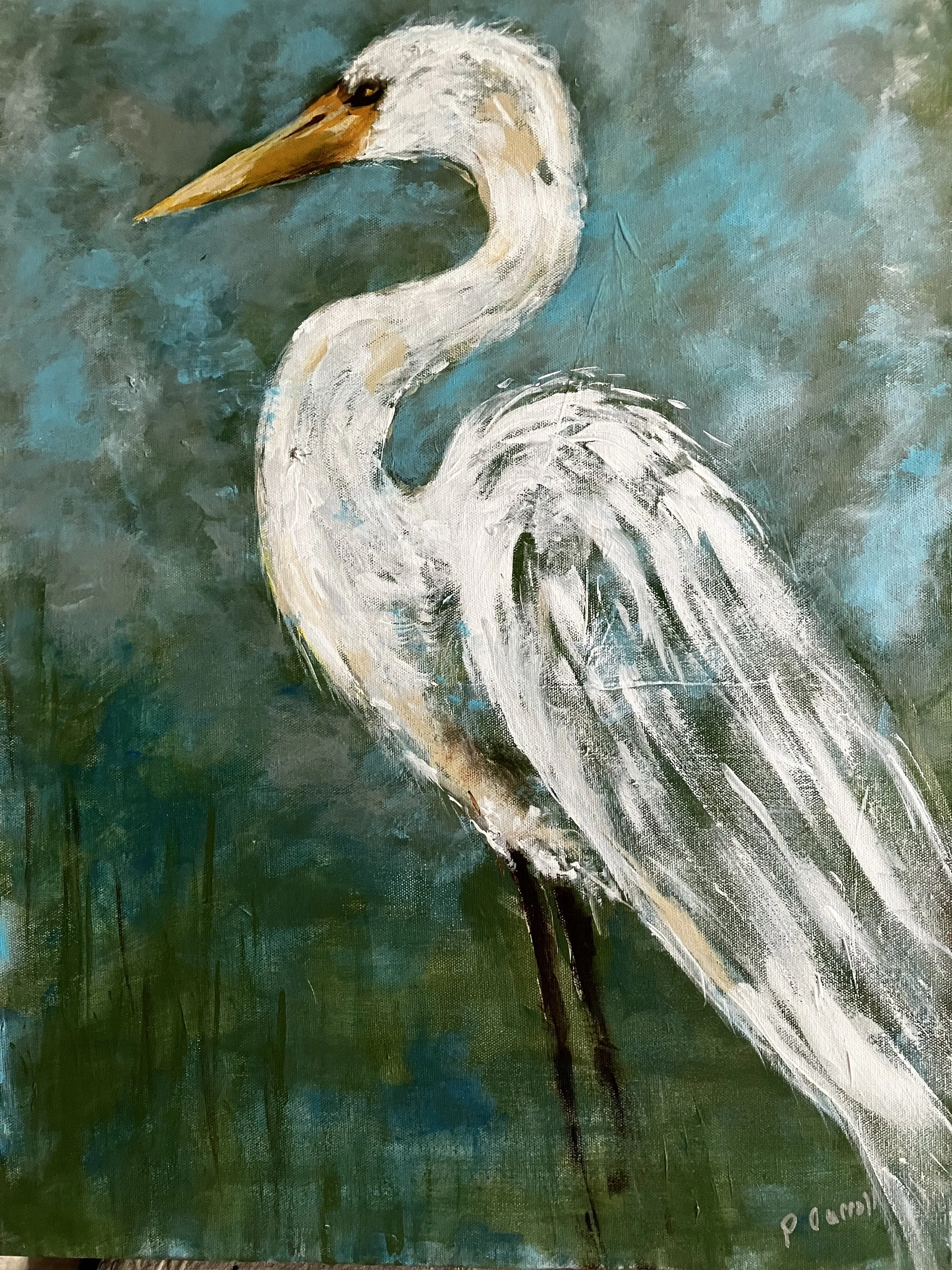 Patricia Carroll - “Egret Elegance” - 18x24 - Acrylic on canvas - Beauty, calm and grace with the ability to fly! - $395 
