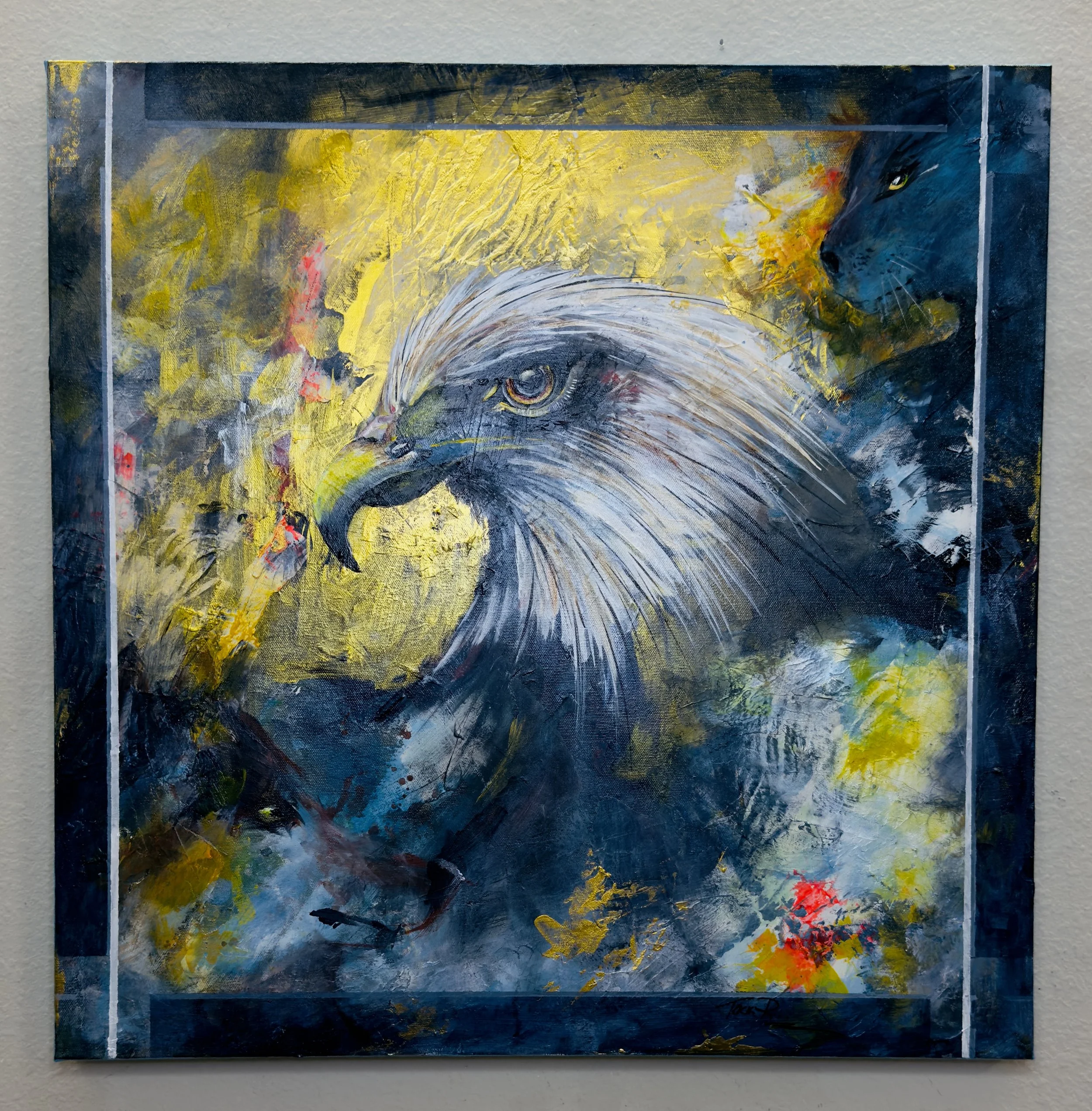 Terri Rampone - “Guardian of the Heights” - 24”x24” - Acrylic - Guardian of the Heights becomes a symbol of protection and quiet strength. The painting reflects the balance between the powerful presence above and the peaceful land below. - $625 