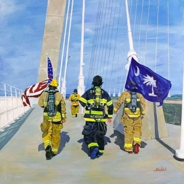 Leah Holland; 9/11 Silent Walk; 3’x3’; Acrylic; The 9/11 silent walk. Arthur Ravenel Jr. Bridge. Charleston, SC. Original photographer: Kryssy Cialo. A Tribute to all first responders!; $2000