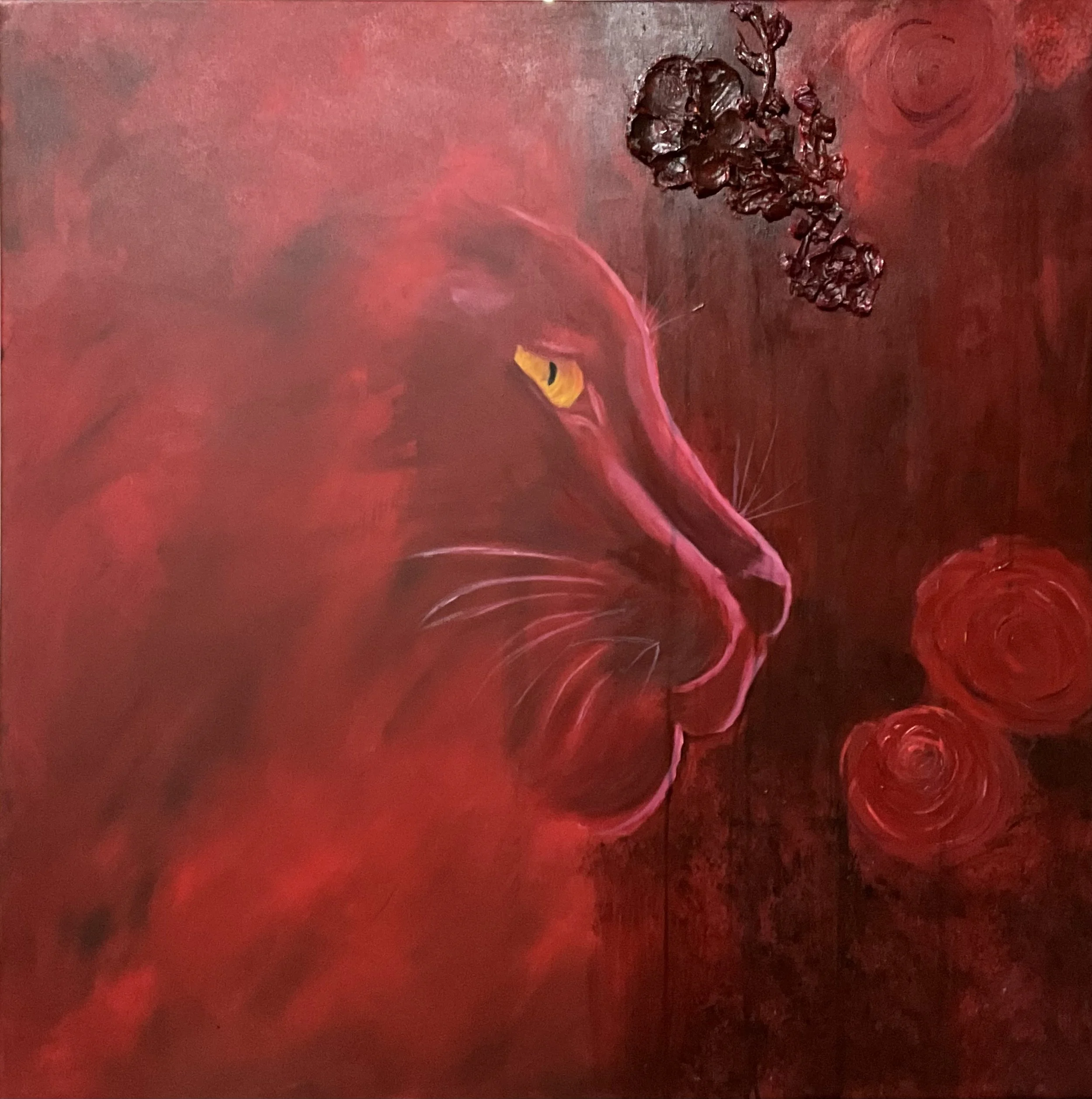 Debbie Nye  - “Tender is not Weak” - 36”x36” - Acrylic - These elements explore the nuanced balance between power and tenderness, inviting a meditation on the complexities of love that is both gentle and formidable. - $750 