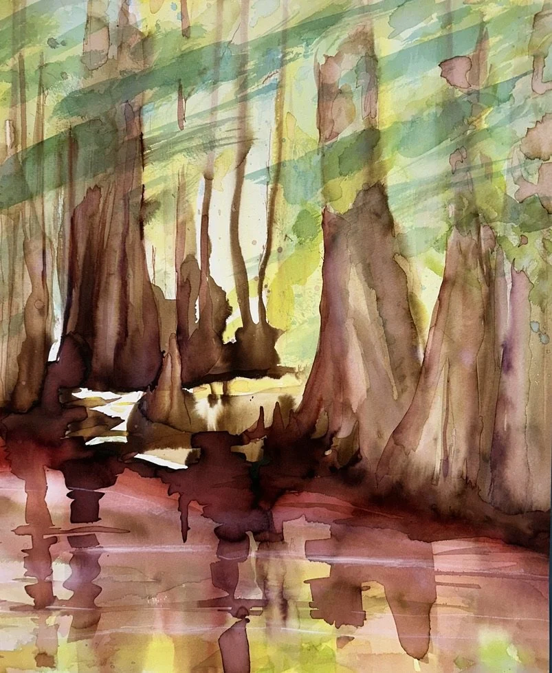Judi Bradford; Double Vision: Cypress Swamp; Inks on Paper;  25 x 31; Water — both the subject and the medium -- fascinates me. It blurs what is solid and what is not. The vertical trunks and molten reflection capture the cathedral tone of the swamp.
