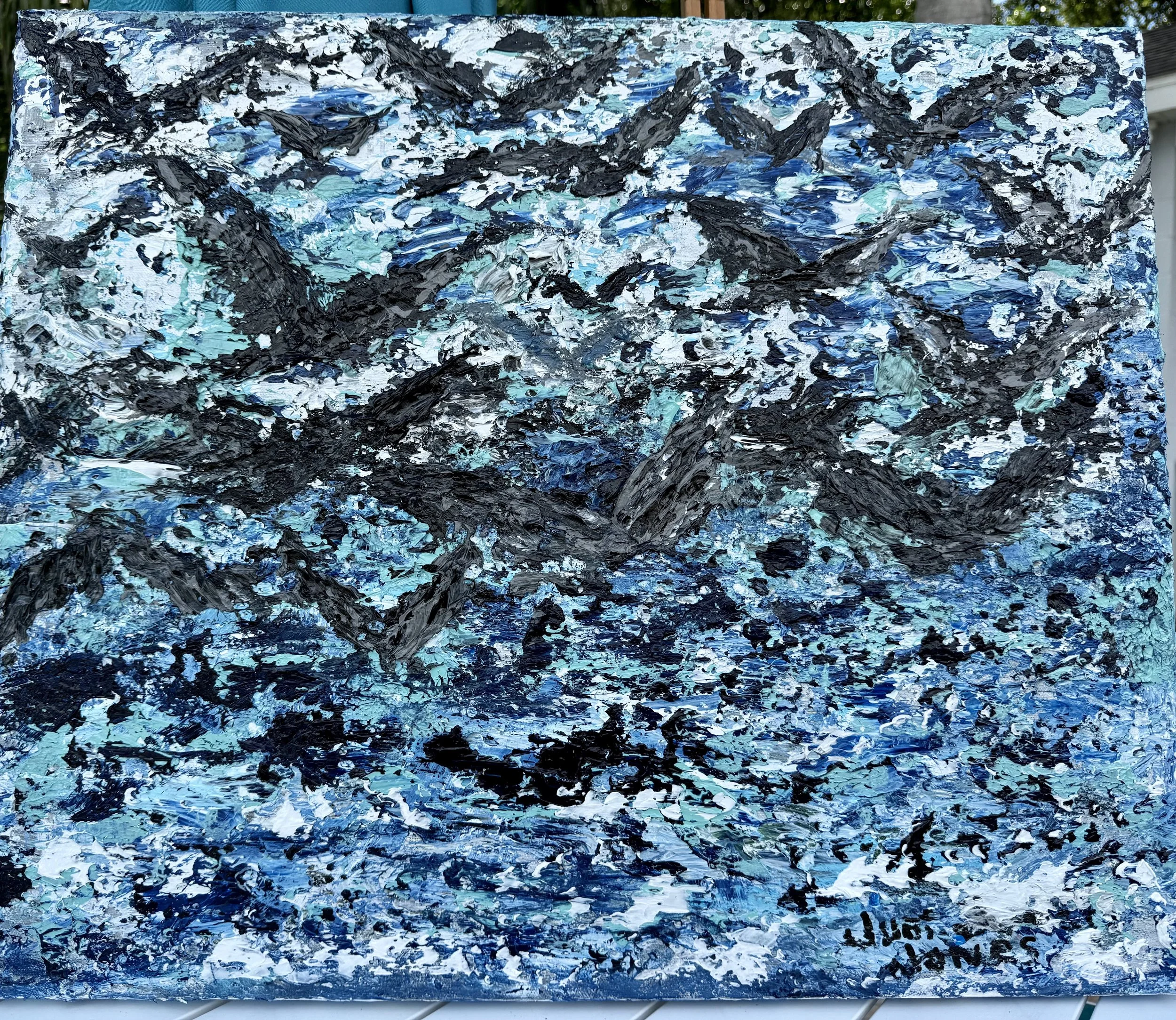 Judi Jones; High Flight Together; Acrylic; This abstract painting symbolizes the strength birds flying in a flock achieve strength, and soar to greater heights. Just as people do when they unify.; $385