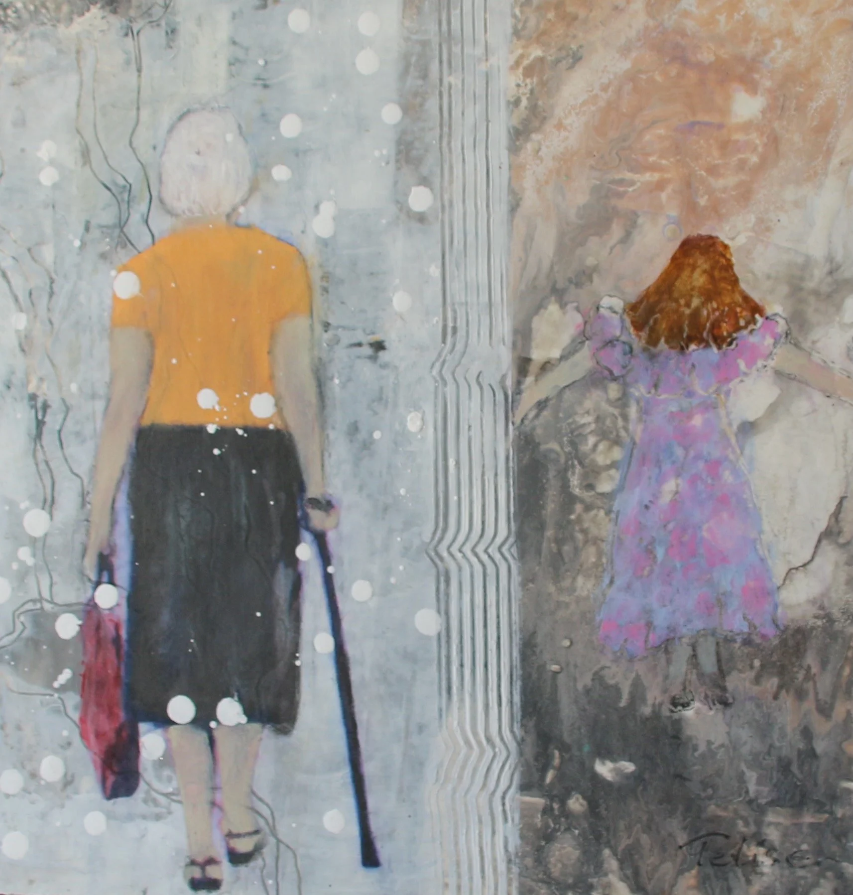 Telise Rodelv; If I Could Turn Back Time; Mixed Media; 14"x14"; If I could turn back time -  This woman is looking at the reflection of her young and energetic self so long ago, as she herself is walking into the " winter of her life".; $400