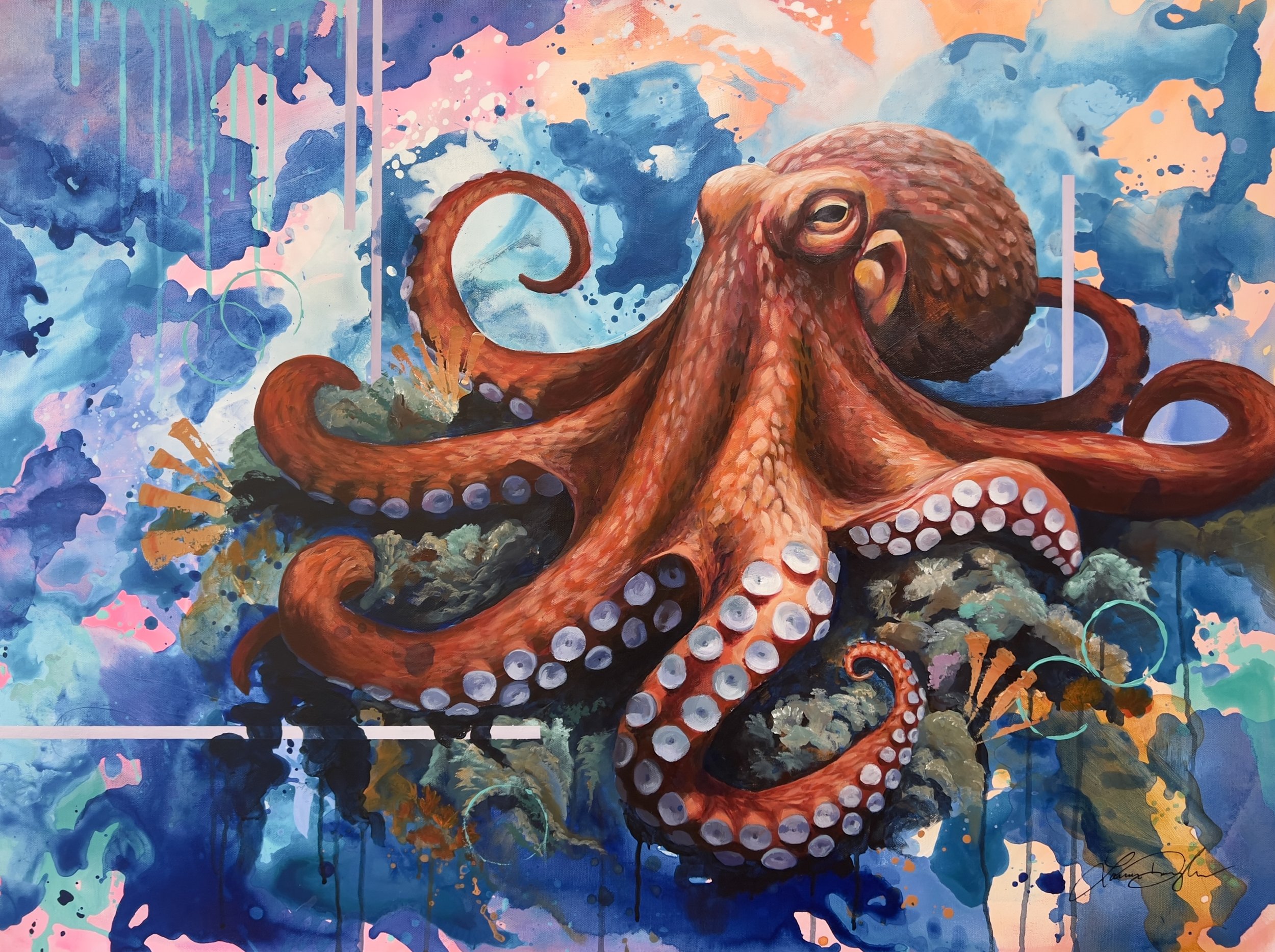 Laura Douglas; Her Majesty; Acrylic; The master of her domain in the chaos that surrounds her.  Balancing every decision with infinite arms, protector of all things innocent, encourager for growth and problem solving.; $950