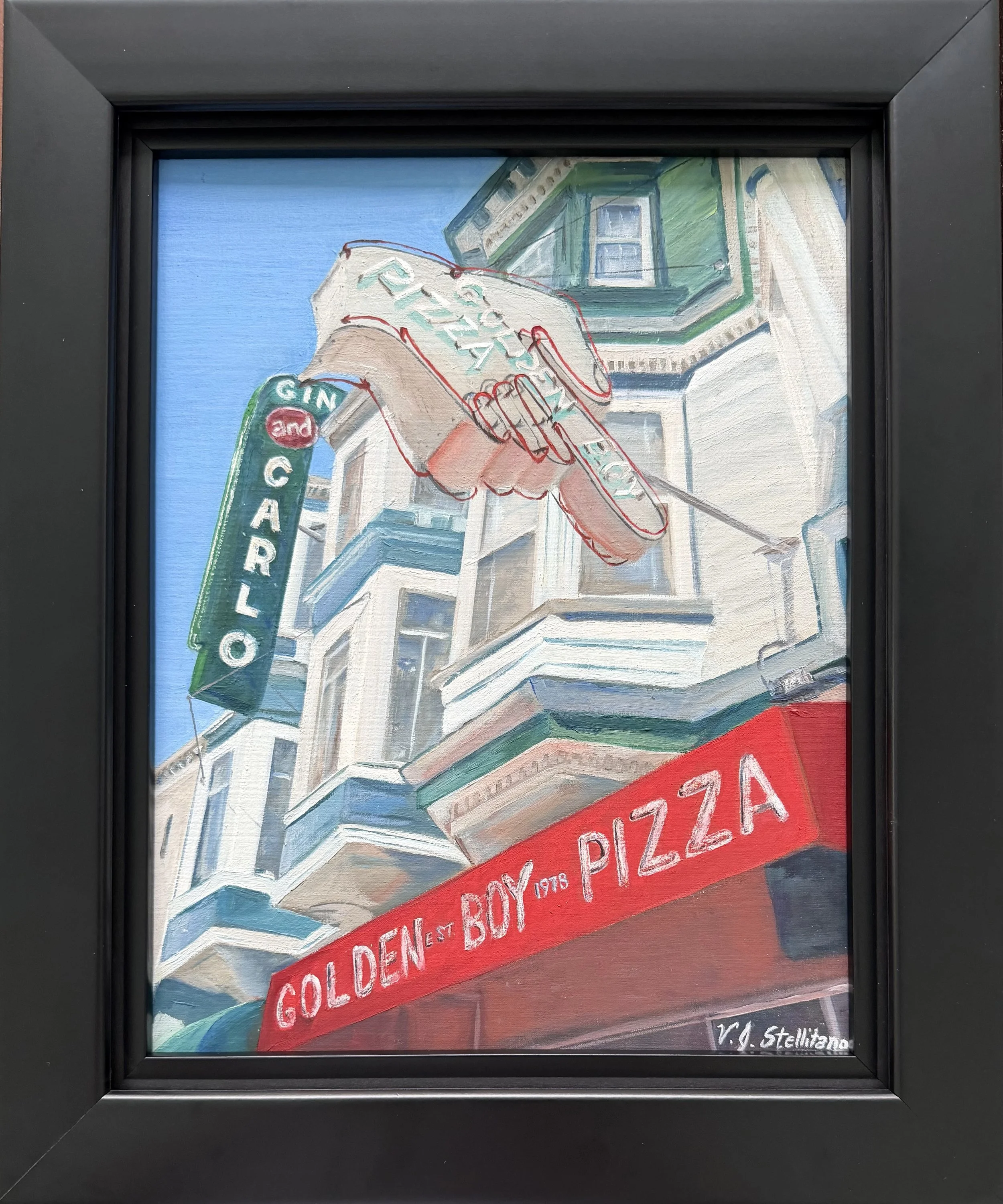 Virginia Stellitano; Golden Boy Pizza; 14.25x17.25; Oil; The colors, lines and angles intrigued me when I saw this pizza parlor in San Francisco, California. Golden Boy Pizza is a legendary San Francisco institution, established in 1978.; $325