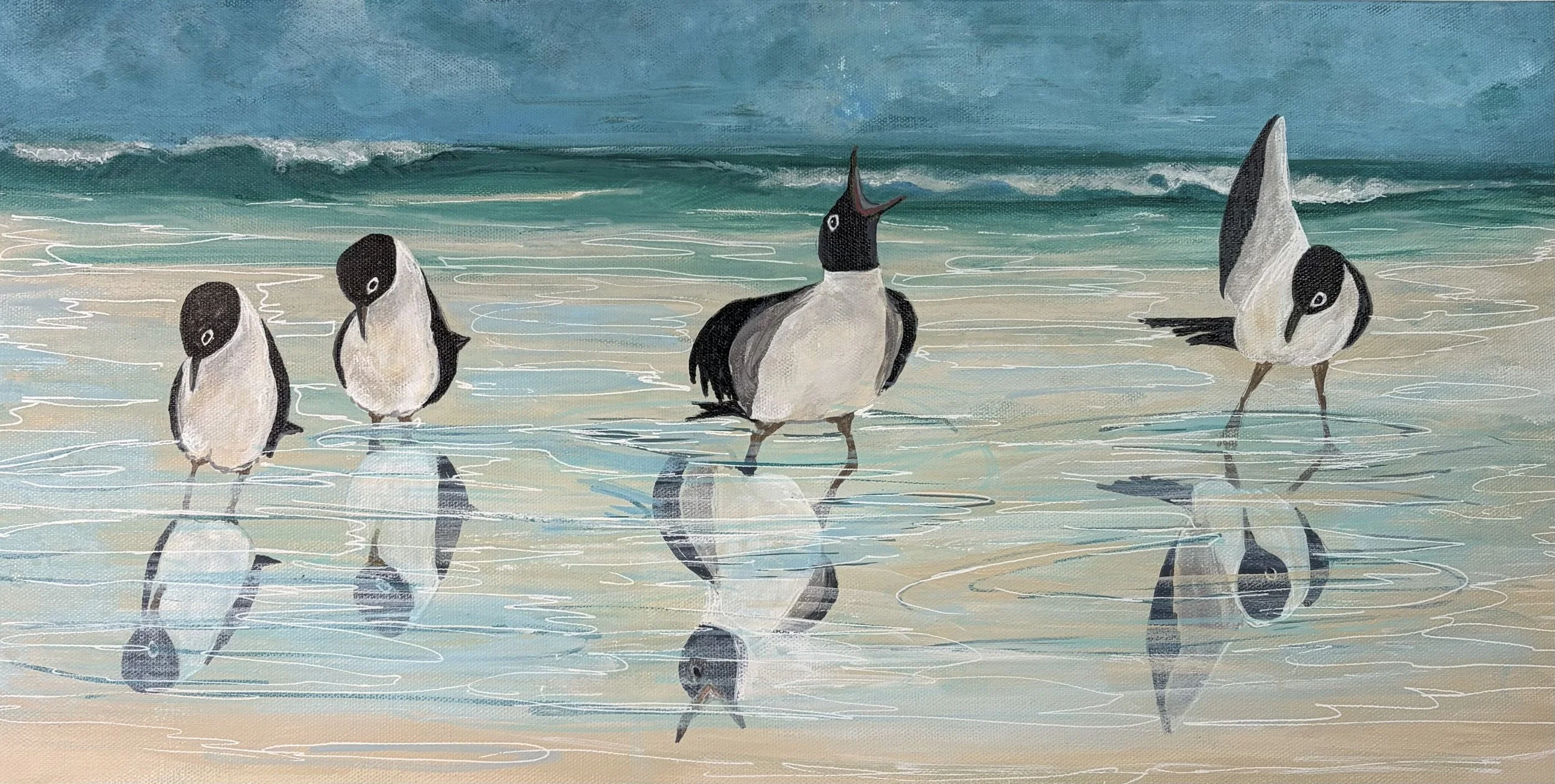 Sandra LaPrall; Shoreline Selfies; Acrylic; 26x14; The moment you realize the beach is a lot more crowded than you thought.; $375