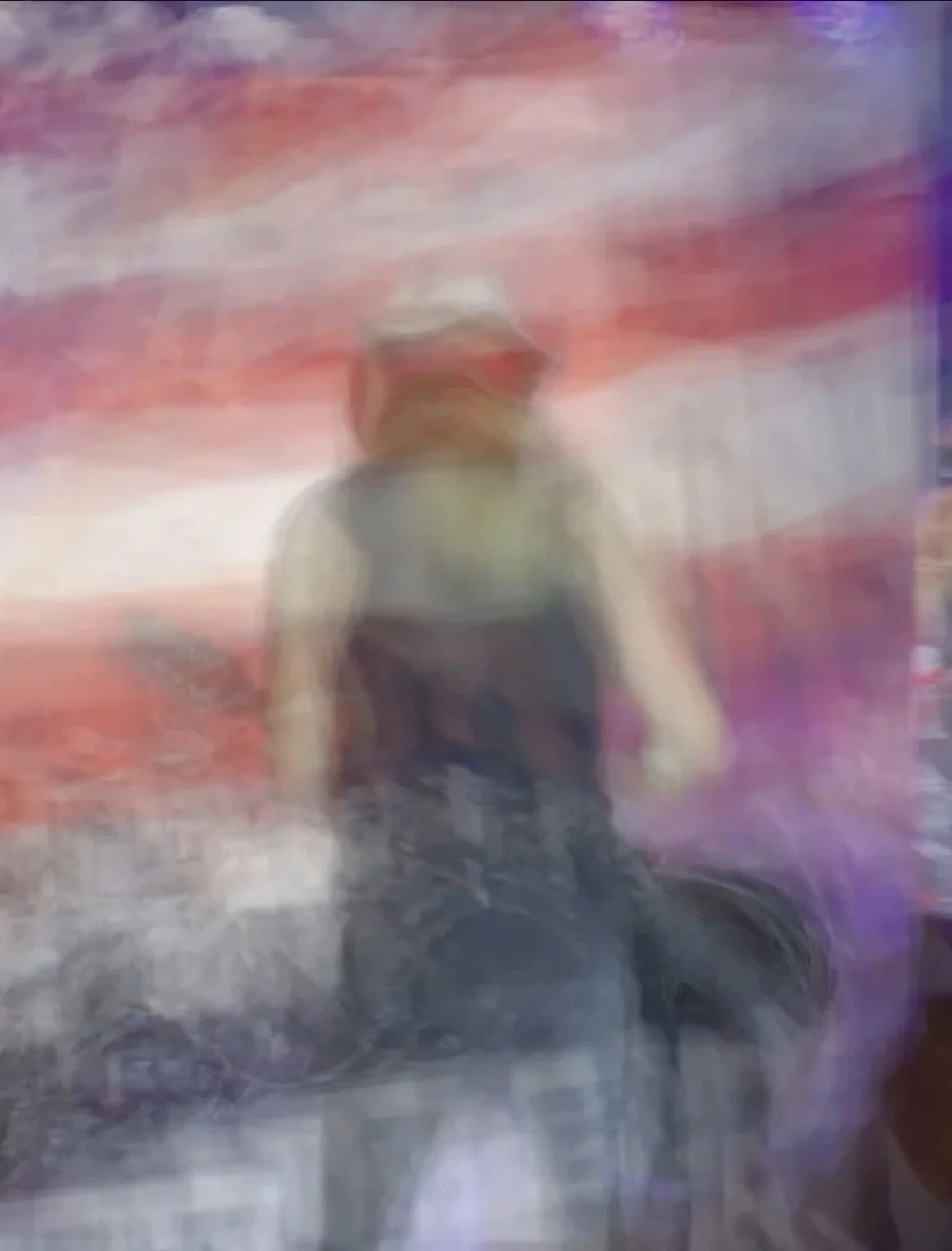 Todd Wax; Star-Spangled Haze; 15.6 x 20.8; Photograph on Tempered Glass; A lone cowboy rides into the American haze—Old Glory dissolving around him like memory itself. Florida-made by Todd Wax, where the West meets the Atlantic shore.; $695