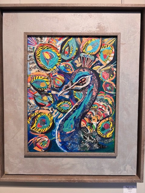 Christine Broussard - Night at the Opera - Mixed Media - $550 - A creature of splintered brilliance rises from the surface -- not painted, but gathered, collected from echoes, from scraps of sound and memory.
