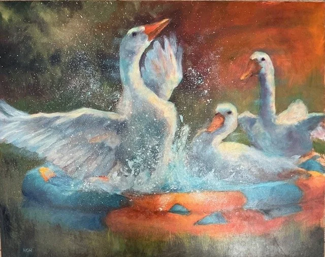 Nancy Goodwine Wozniak; Pool party!  American Goose Edition; 24 x 20; Oil; There are few things more Americana than farmers and ranchers.  When my sister’s American Buff geese decided to party in the pool it was too much to resist as a painting.; $45