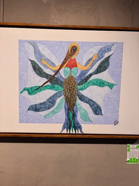 Toni Poll - Sorensen - “Signet of the Sun II”  - Acrylic - A hummingbird in flight is set against two circles representing the sun and the moon. Legends of the hummingbird portray the tiny creature as an offspring of Earth’s fire. - $400 