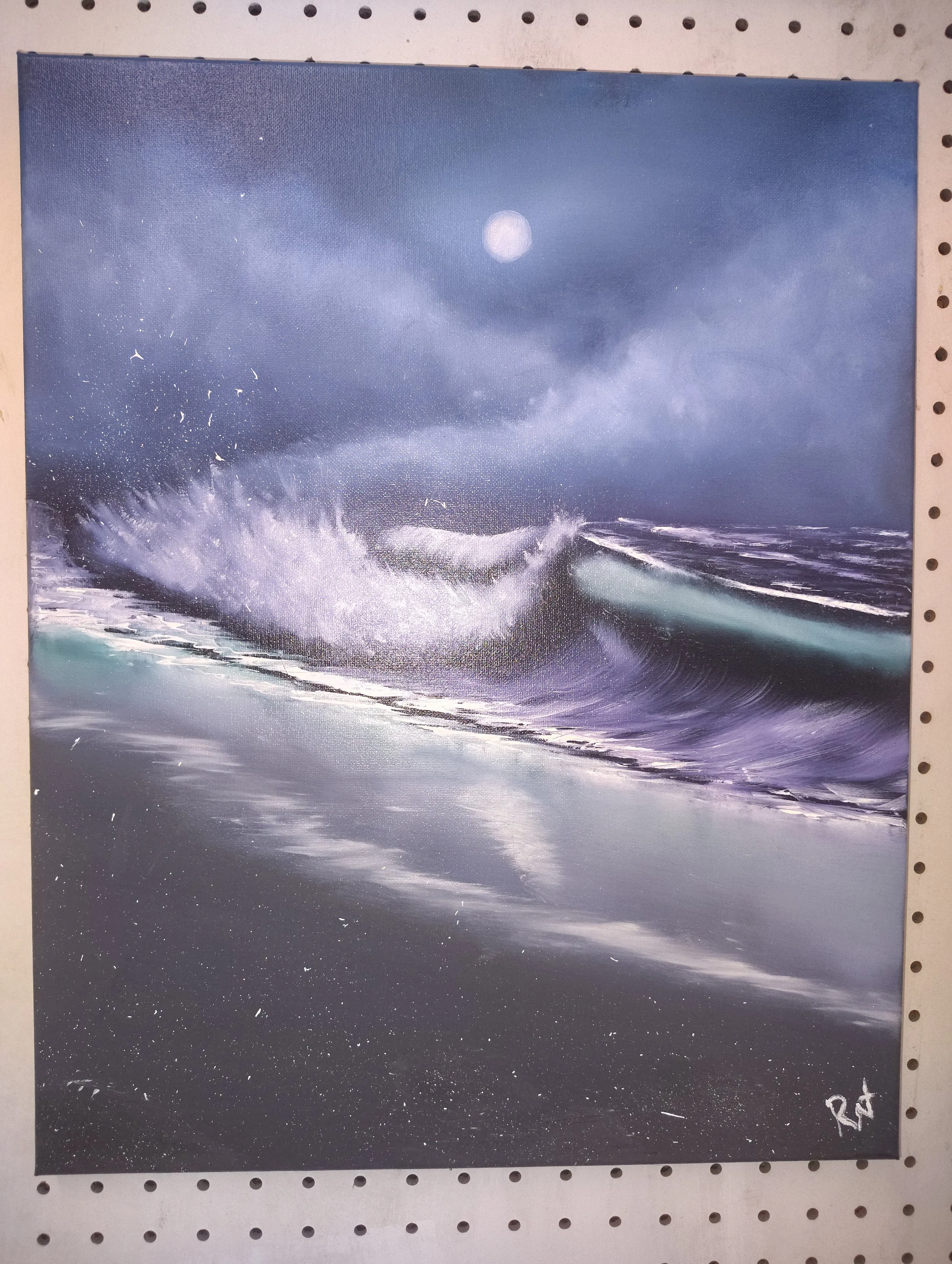 Robert Tompkins; Midnight Wave; Oil; 17x21; After a stressful day the moon lite waves at the peaceful hour of midnight. The chaos of the ocean is ironically relaxing.; $200
