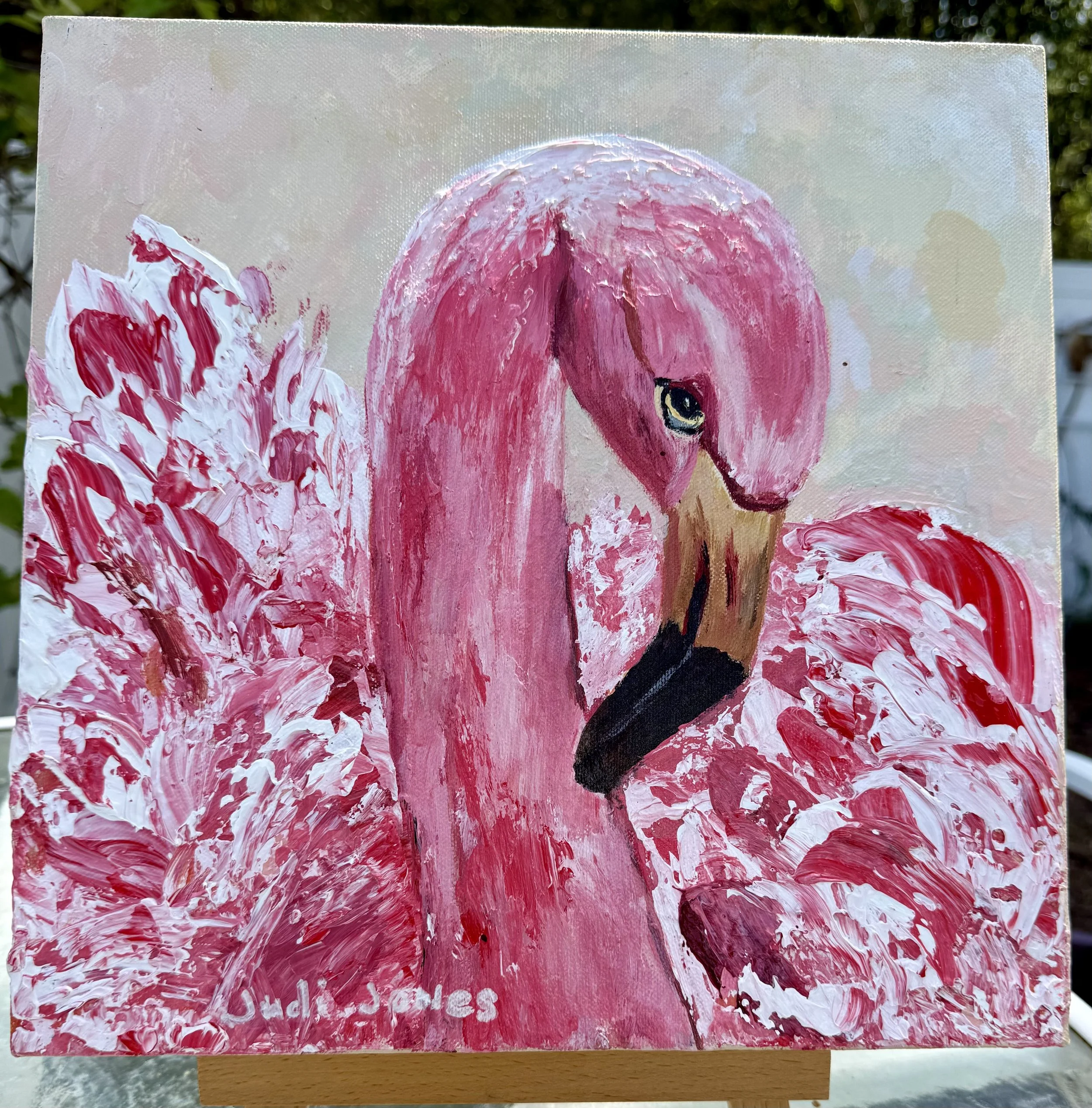 Judi Jones - “Jazzy Flamingo” - 12”x12” - Acrylics - The Flamingo symbolizes standing tall and standing out as well as balance and beauty in your life.  It also reminds one of Florida, my home. - $330 